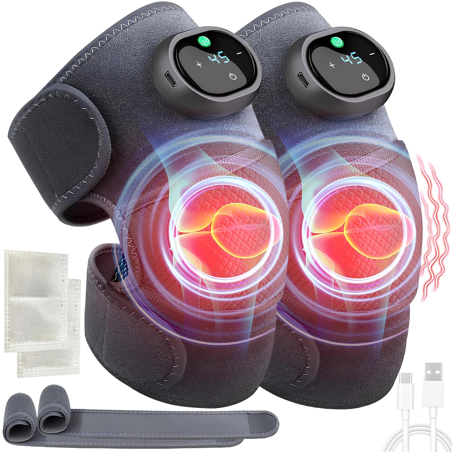 Masajeador de Rodilla 3en1 Calentado Recargable Vibración y Calor Ajustable para Artritis y Dolor