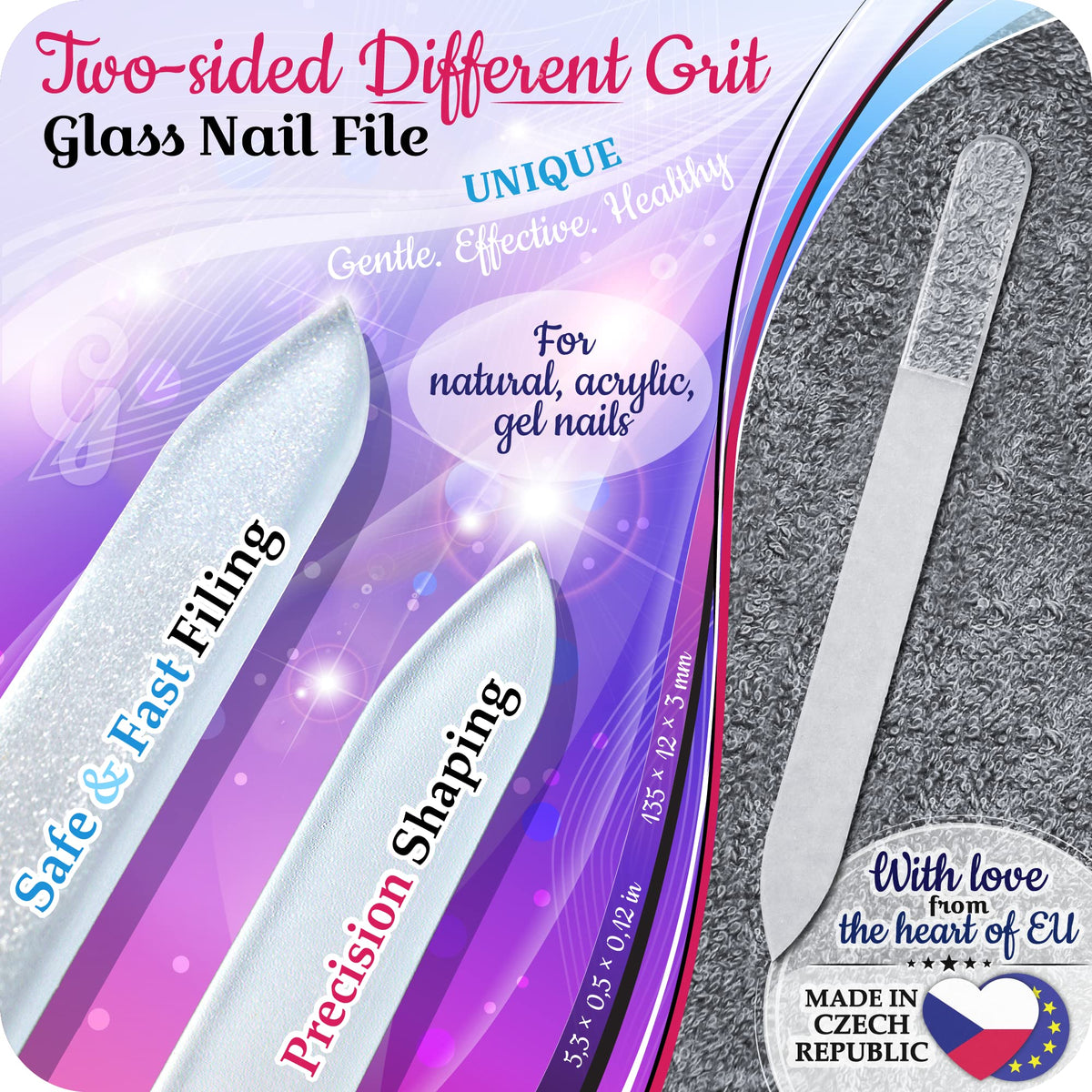 Lima de uñas de cristal checo auténtico con estuche, superficie de grano diferente de dos caras, cuidado profesional de uñas, calidad de la UE, manicura y pedicura, rojo coral