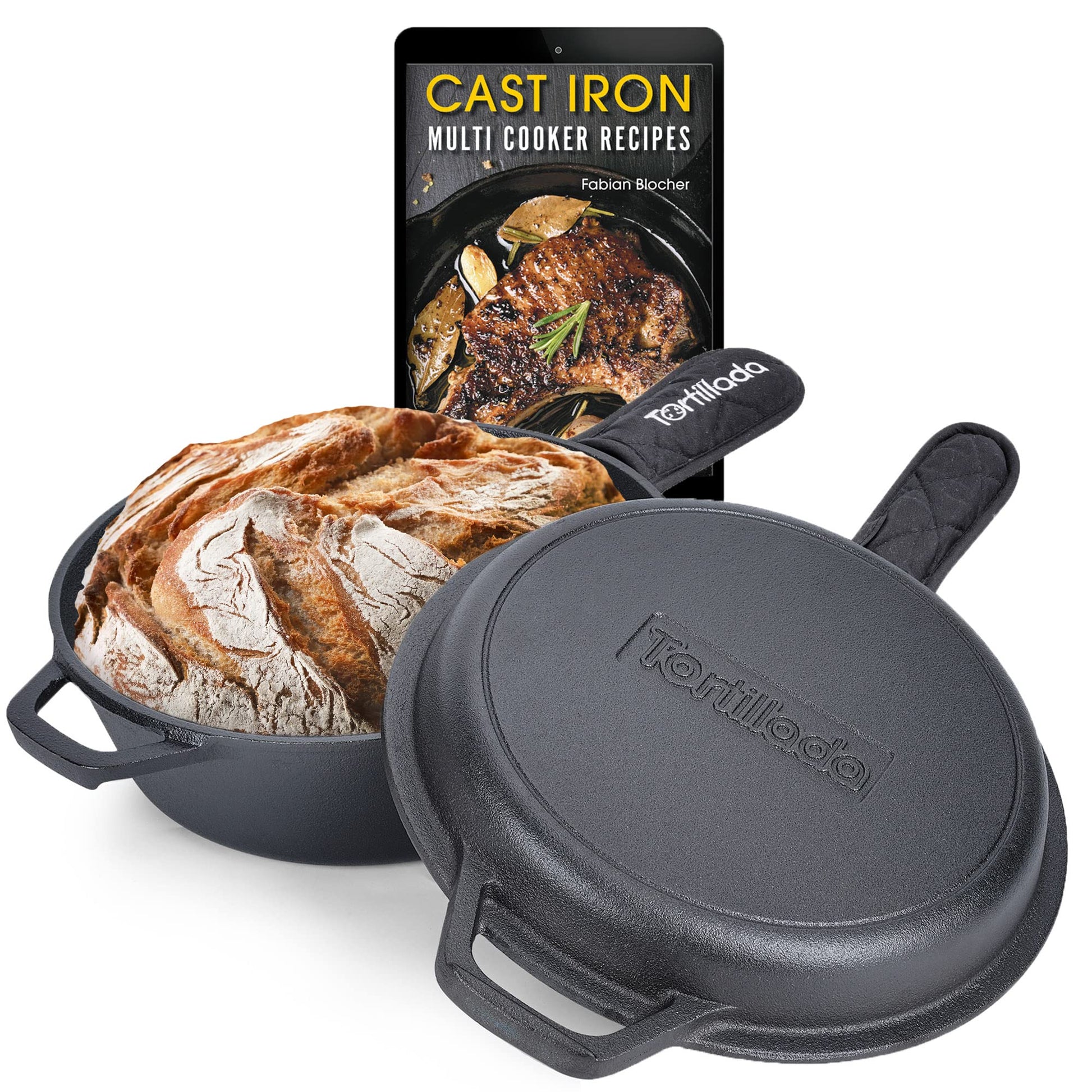 Tortillada - 2 en 1 Combo Cooker Juego de Olla (3.5l) y Sartén (26 cm) De Hierro Fundido + Mango De Protección + E-Book con 50 Recetas