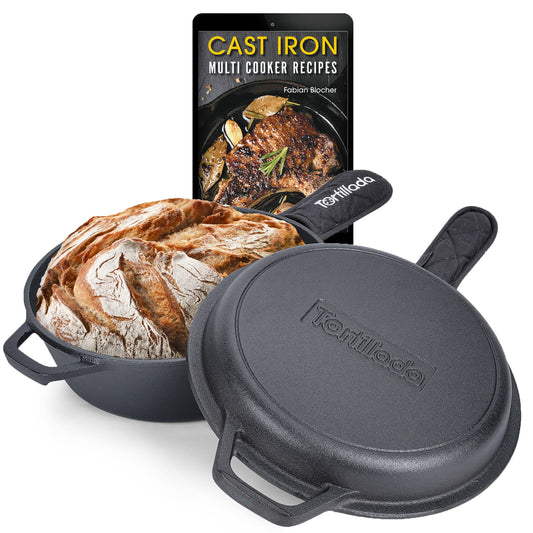 Tortillada - 2 en 1 Combo Cooker Juego de Olla (3.5l) y Sartén (26 cm) De Hierro Fundido + Mango De Protección + E-Book con 50 Recetas