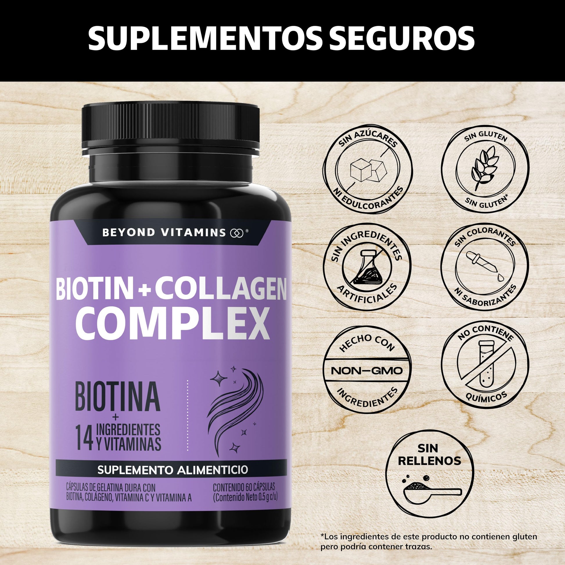 Biotin+Collagen Complex- Contiene Biotina + Colágeno + 15 Ingredientes y Vitaminas - Suplemento Vitamínico - Suplemento Alimenticio en Cápsulas - Sin Azúcar-Ingredientes NON GMO-60 cápsulas para 60 días
