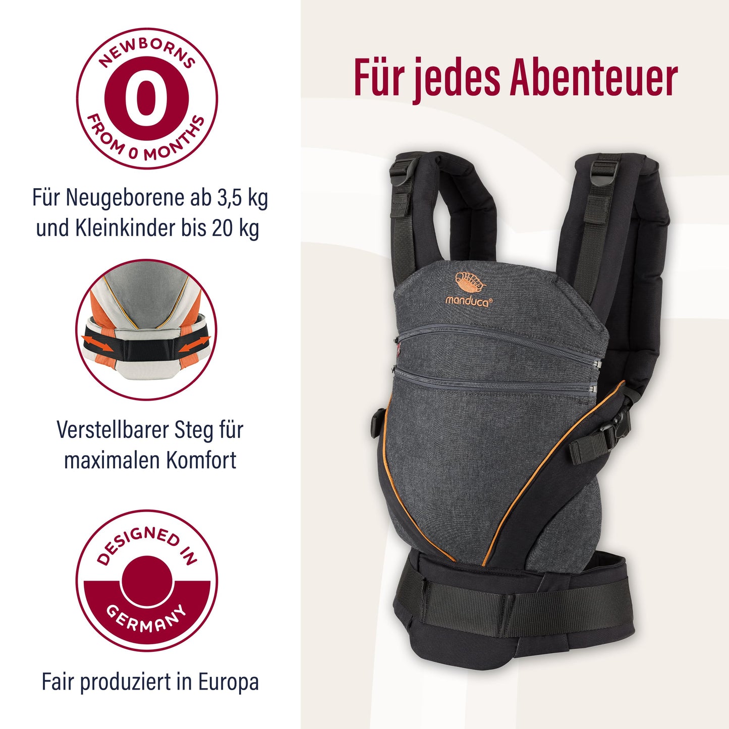 Manduca XT, portabebés con asiento ajustable, 3 posiciones de transporte (delantero, cadera y espalda), sin necesidad de inserciones para bebés, algodón orgánico, crece con tu bebé (3,5-20 kg), DenimBlack, XT Cotton