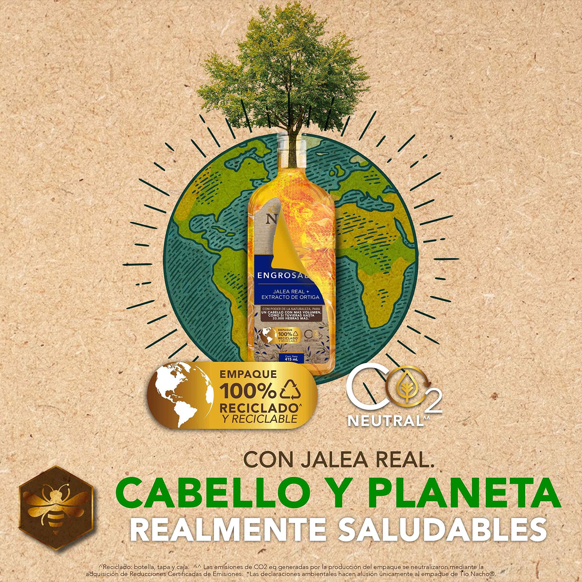 TIO NACHO - Shampoo Anti-Caída. Estimula y fortalece crecimiento saludable de la fibra capilar, con jalea real y extractos de ginseng, romero, aloe vera y jojoba. Empaque 100% reciclado, botella con 950ml