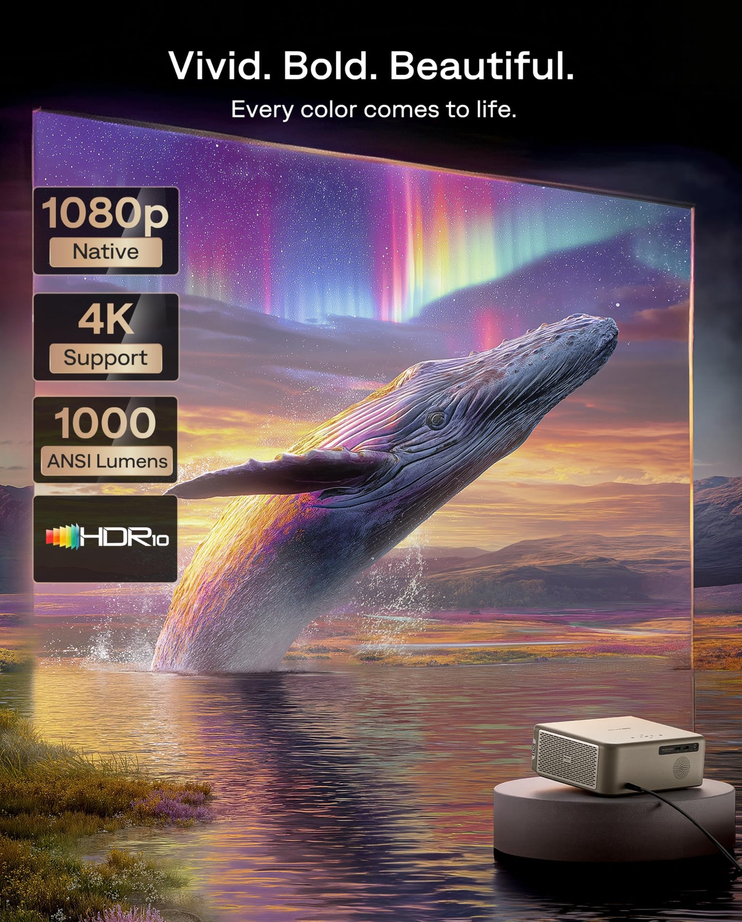 Aurzen EAZZE D1 MAX - Proyector inteligente de Google TV actualizado compatible con 4K, ultra brillante 1000 lúmenes ANSI, tecnología MEMC, totalmente automático, audio DoIby de 20 W, proyector de