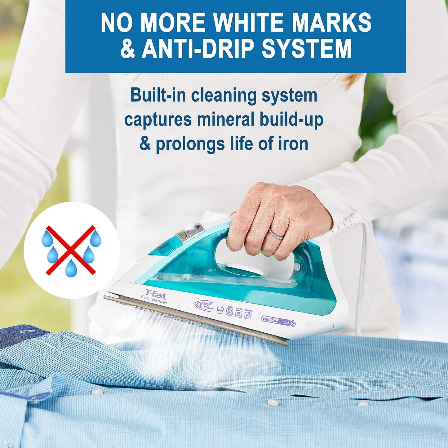 Plancha de Vapor T-fal Blanca Azul Suela de Cerámica Easy Gliding 1400 W