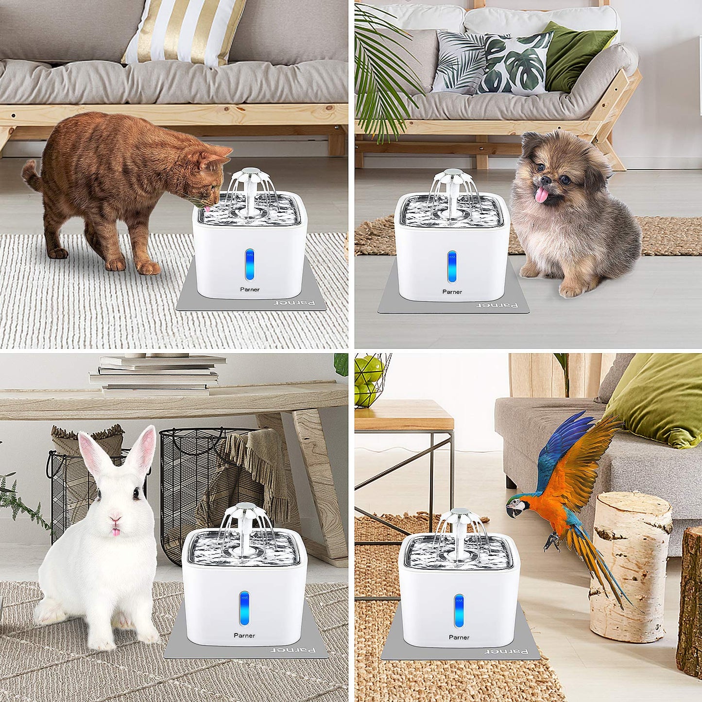 Fuente de Agua para Gatos Parner Acero Inoxidable Ultra Silenciosa con Indicador de Nivel y Filtros