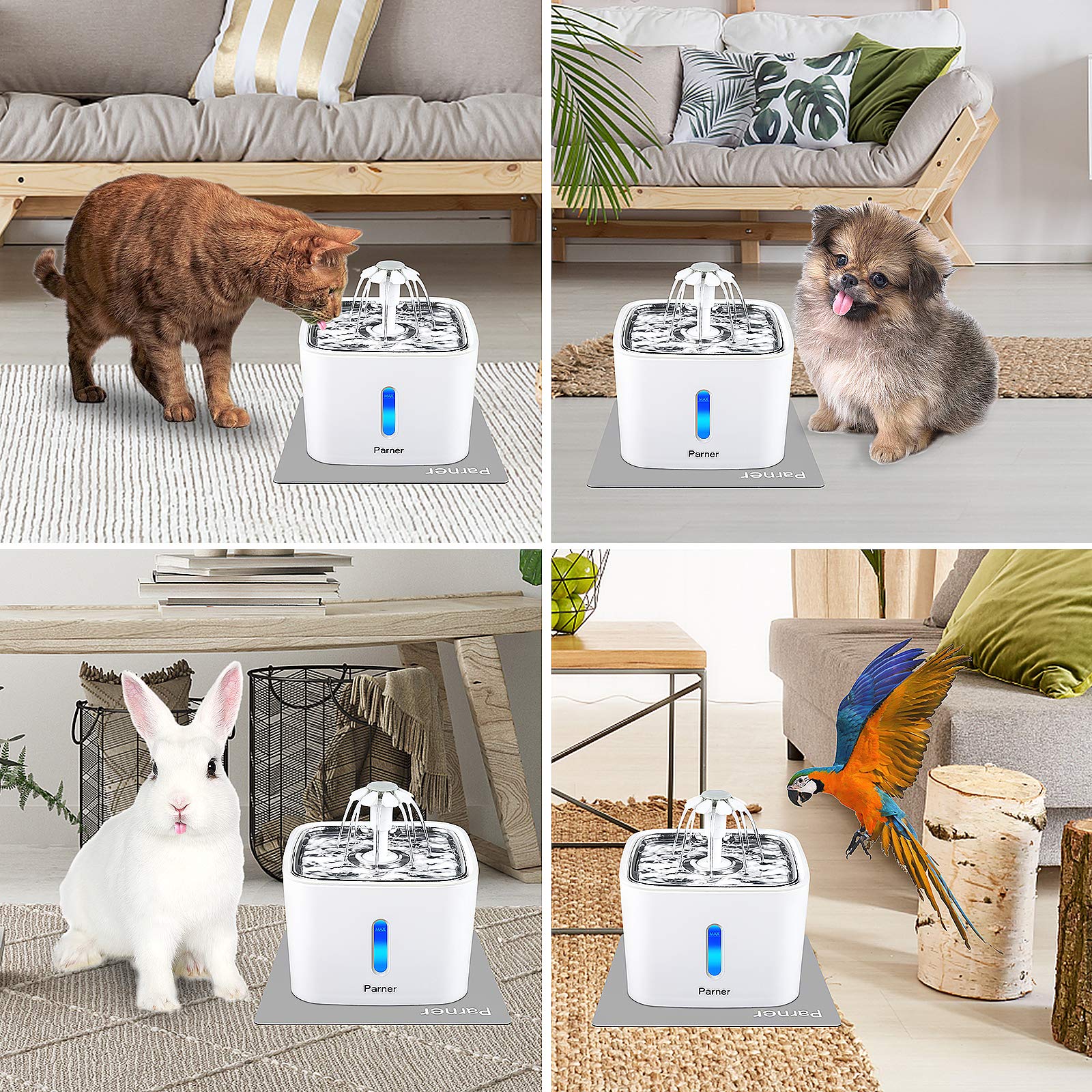 Fuente de Agua para Gatos Parner Acero Inoxidable Ultra Silenciosa con Indicador de Nivel y Filtros