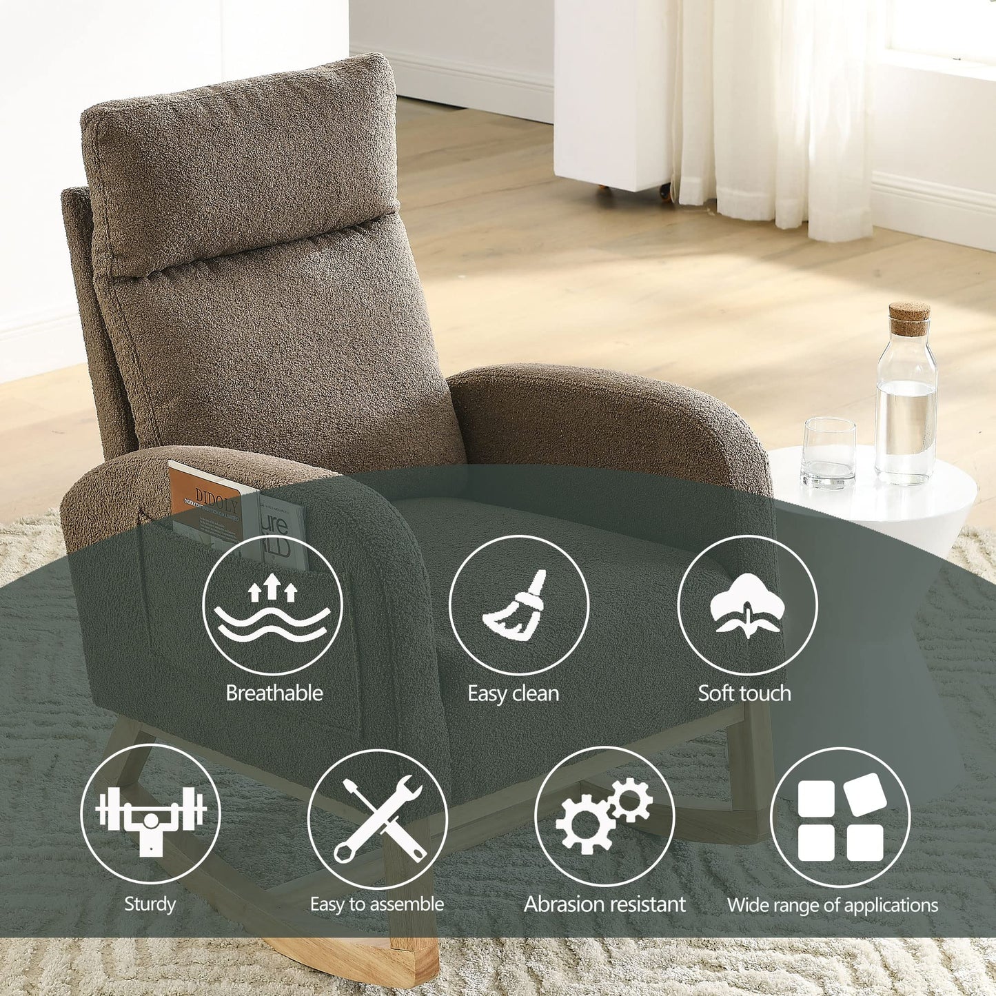 Krinana - Mecedora de guardería con patas de madera maciza, silla planeadora para guardería con dos bolsillos laterales, sillón basculante para sala de estar y recámara (café, tela de peluche)