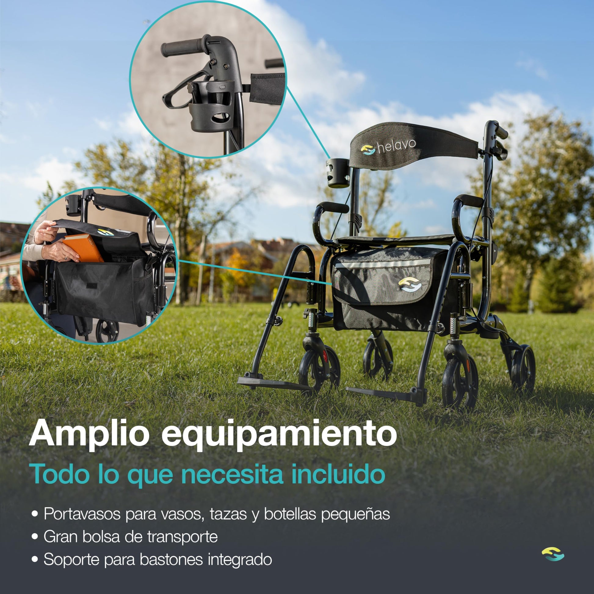 Helavo Andador y Silla de Ruedas 2 en 1 con Ruedas Todo Terreno, Silla de Ruedas Plegable de Aluminio con Reposapiés - Convertible en Silla de Transporte, 136 kg de Capacidad, Confort Ergonómico