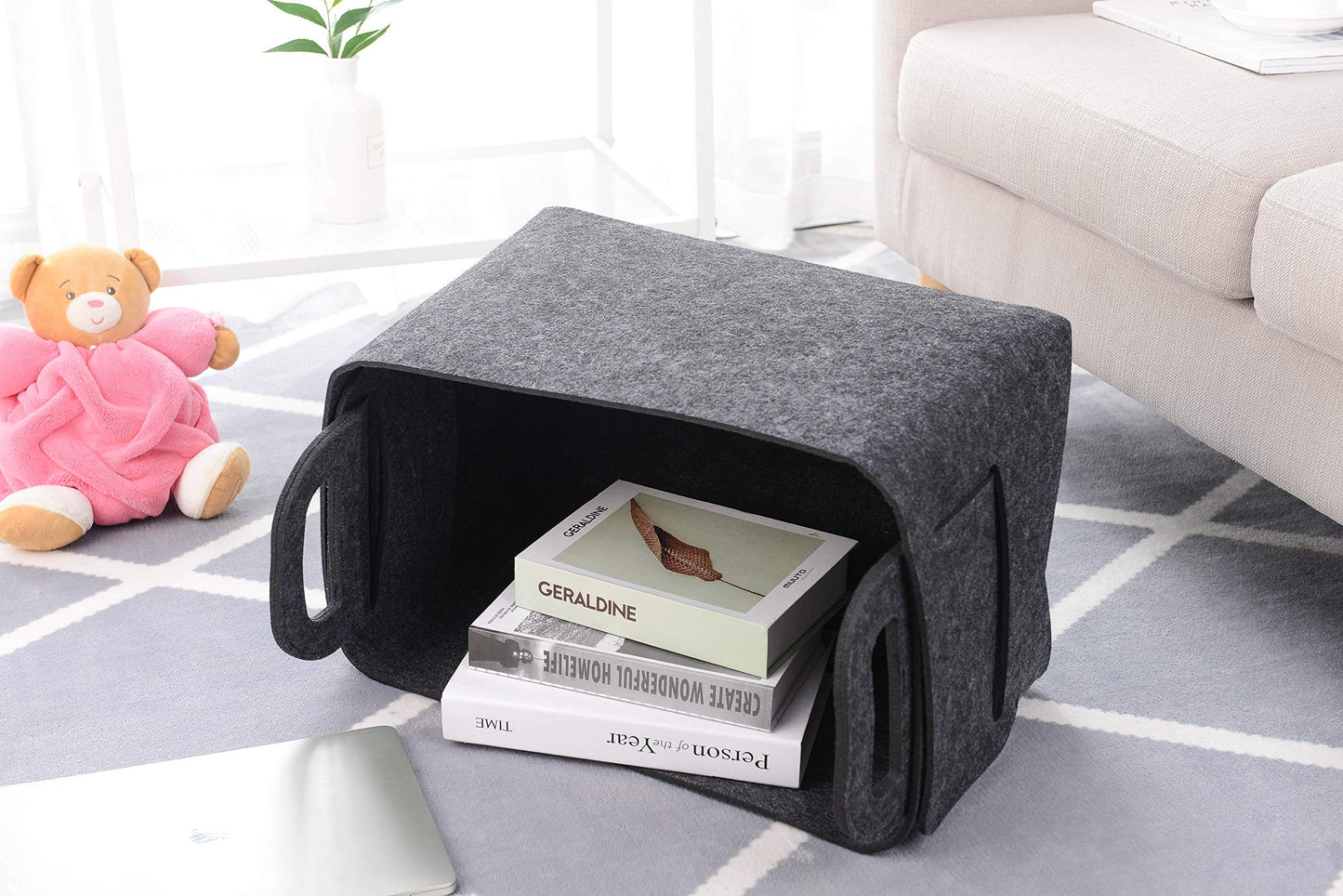 Cesta de almacenamiento de fieltro plegable y conveniente organizador con asas de transporte para oficina, recámara, clóset, bebé, juguetes de guardería, lavandería (gris oscuro, 18 pulgadas de largo