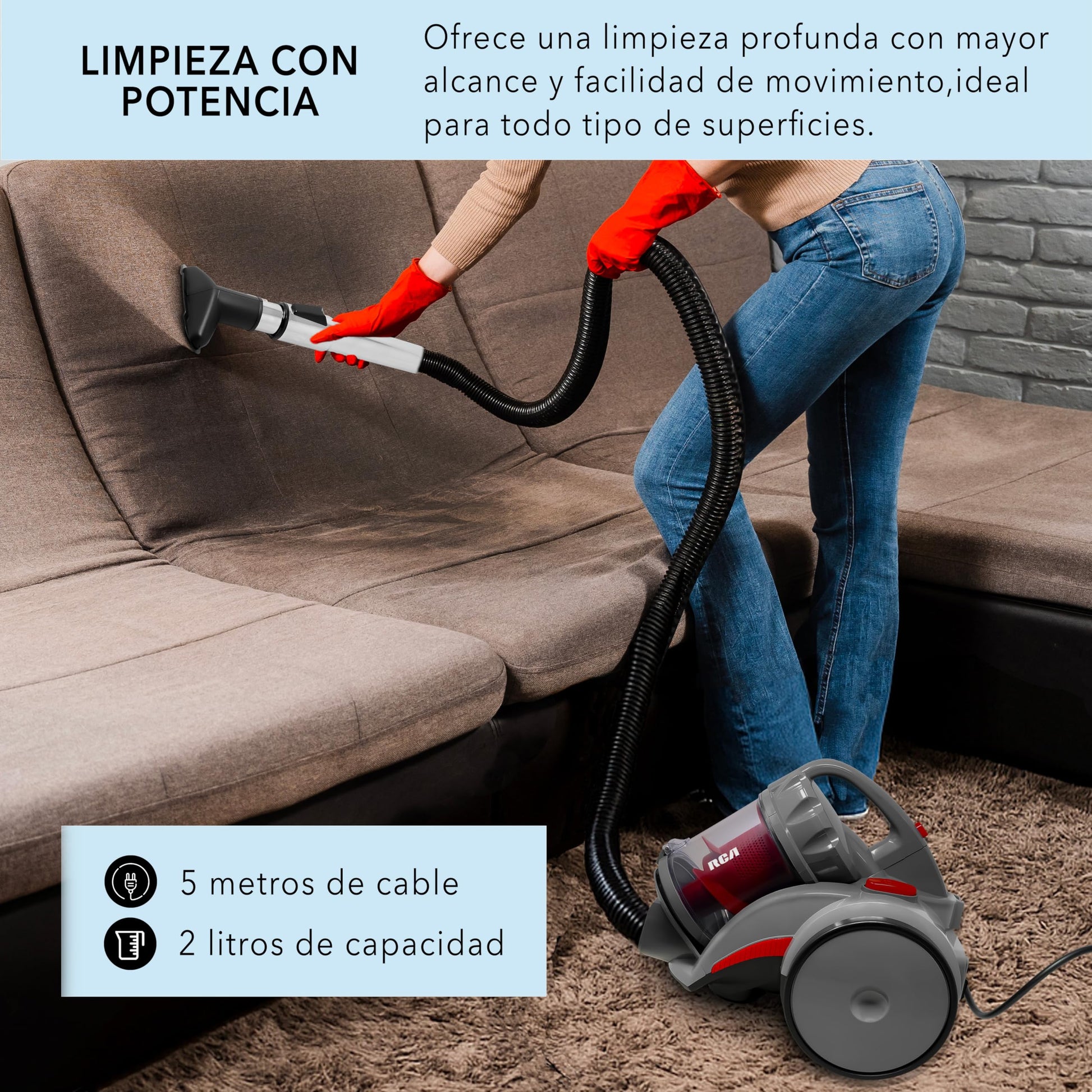 RCA Aspiradora Canister Echo RC-A2, Regulador de Succión, Filtro HEPA, Capacidad 2 L Extraíble, Ideal para Mascotas y Polvo, Accesorios Incluidos, Hogar y Alfombras, Cable de 5 m, Ligera y Portátil