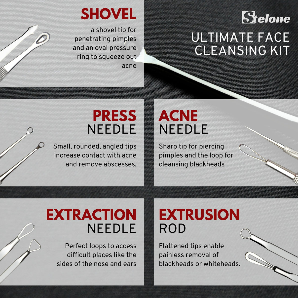 Stelone Kit de Extracción de Espinillas - Herramientas Profesionales para Puntos Negros Y Acné En Rostro Y Cuerpo - Set de Extracción de Comedones de Acero Inoxidable con Estuche