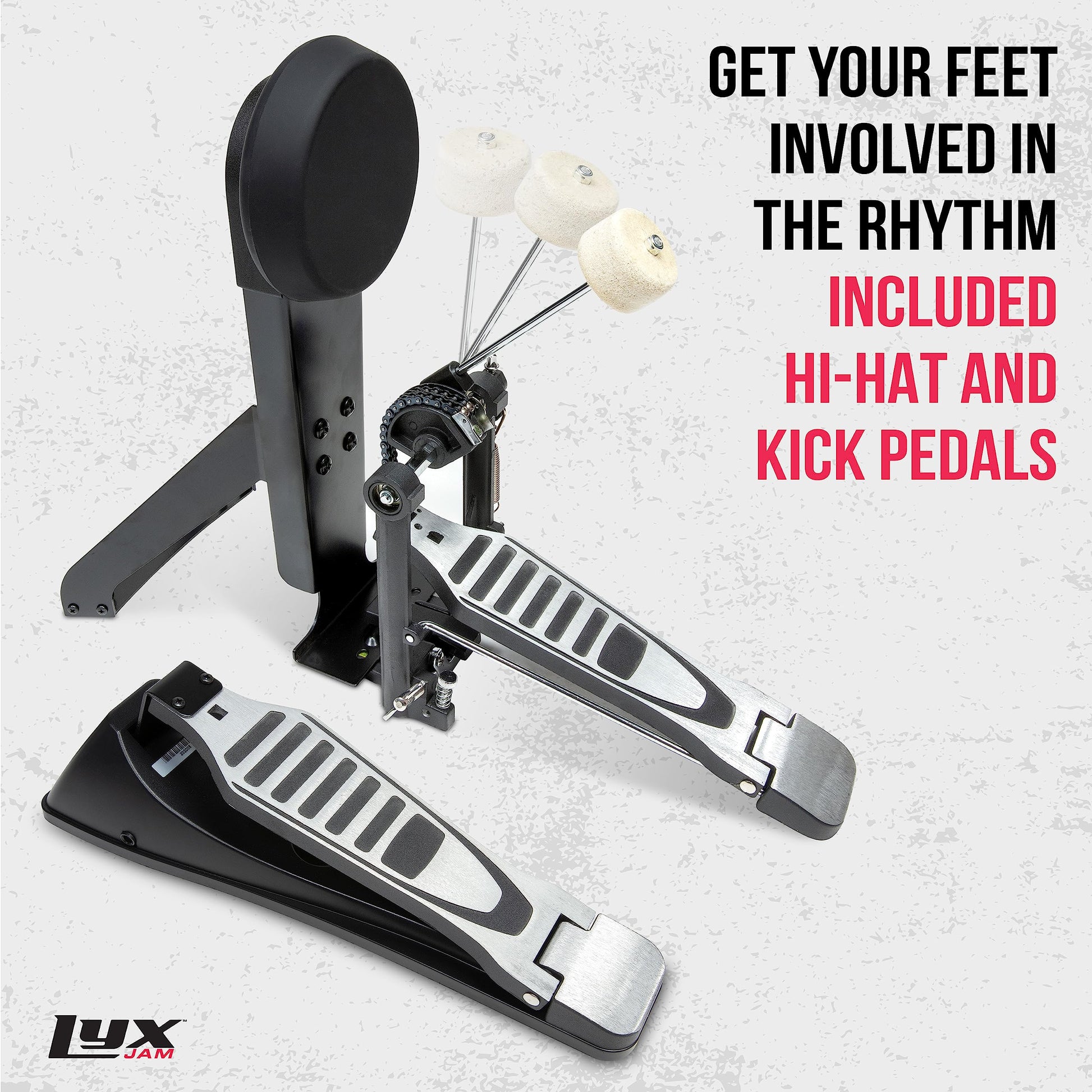 LyxJam - Kit de batería electrónica de 7 piezas, juego de batería profesional con tela de malla real, 209 sonidos precargados, 50 canciones de reproducción largas, capacidad de grabación, platillos y