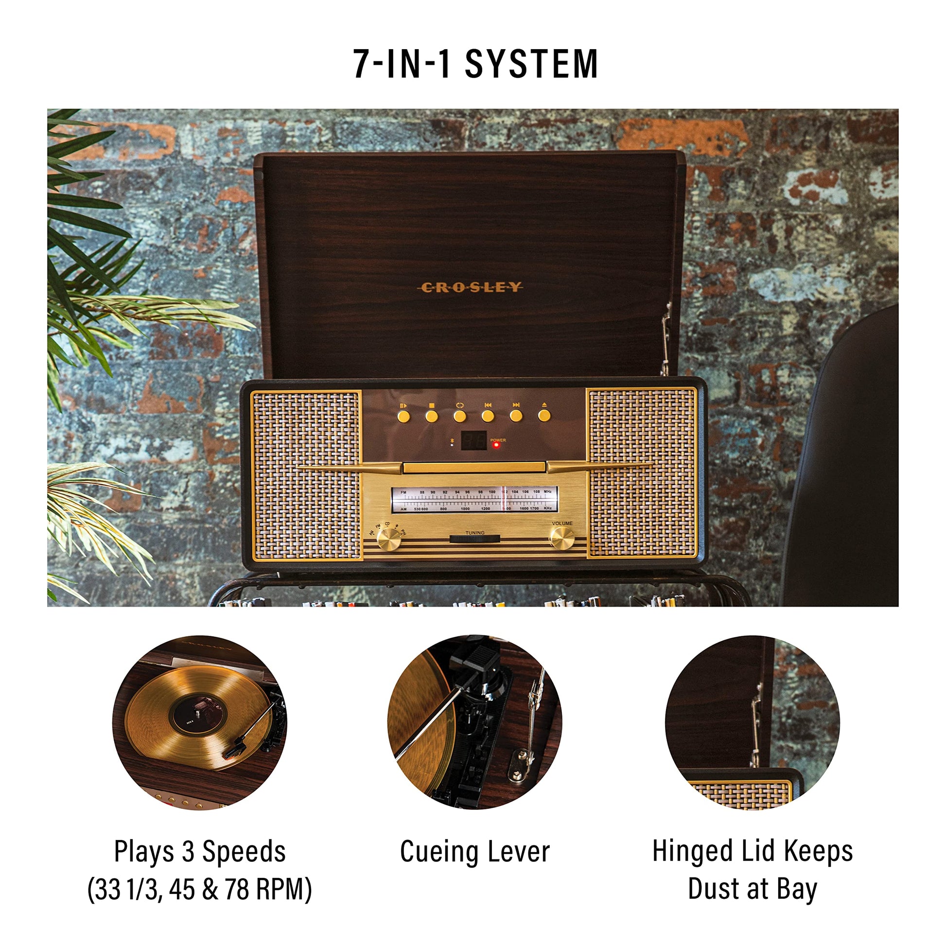 Crosley CR7016A-MA Rhapsody - Tocadiscos de 3 velocidades con Bluetooth, Radio Am/FM, Reproductor de CD y Entrada Auxiliar, Caoba