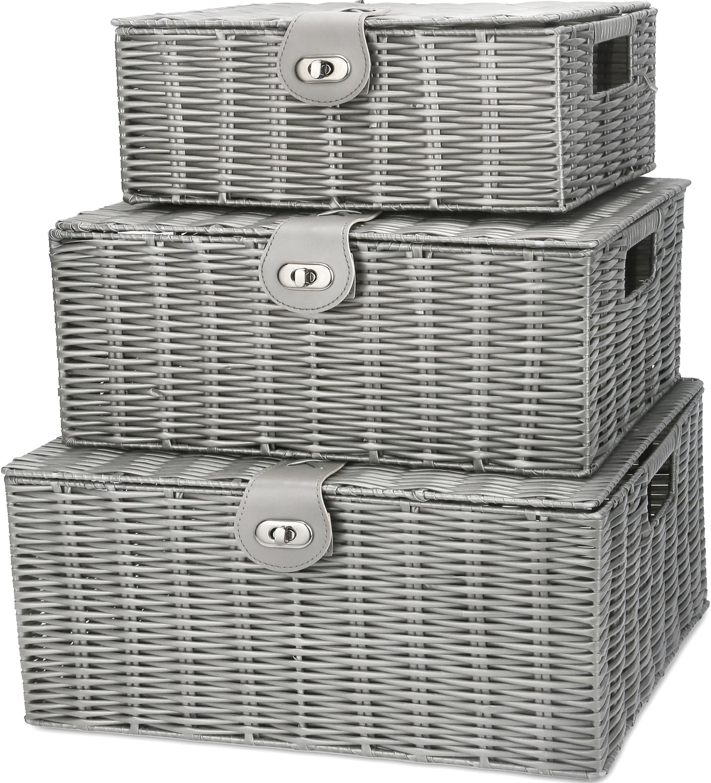 Honygebia - Cestas de almacenamiento de mimbre gris – Juego de 3 cajas decorativas con tapas, cesta tejida con cerradura y asa, organizador para maquillaje de belleza decoración de baño