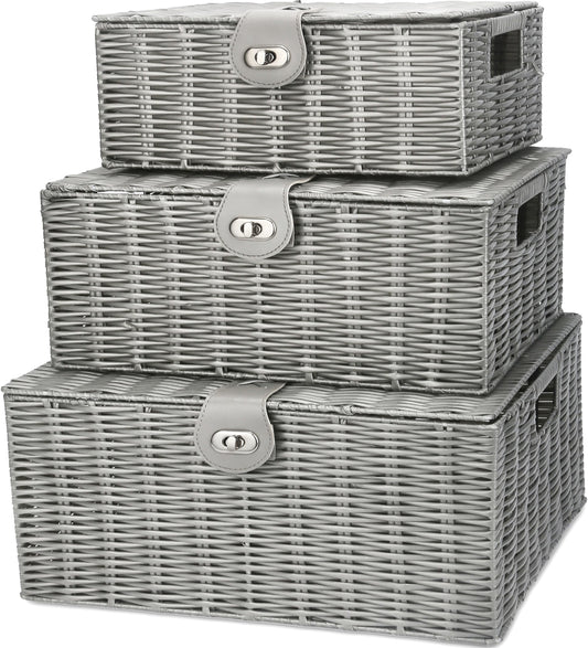 Honygebia - Cestas de almacenamiento de mimbre gris – Juego de 3 cajas decorativas con tapas, cesta tejida con cerradura y asa, organizador para maquillaje de belleza decoración de baño