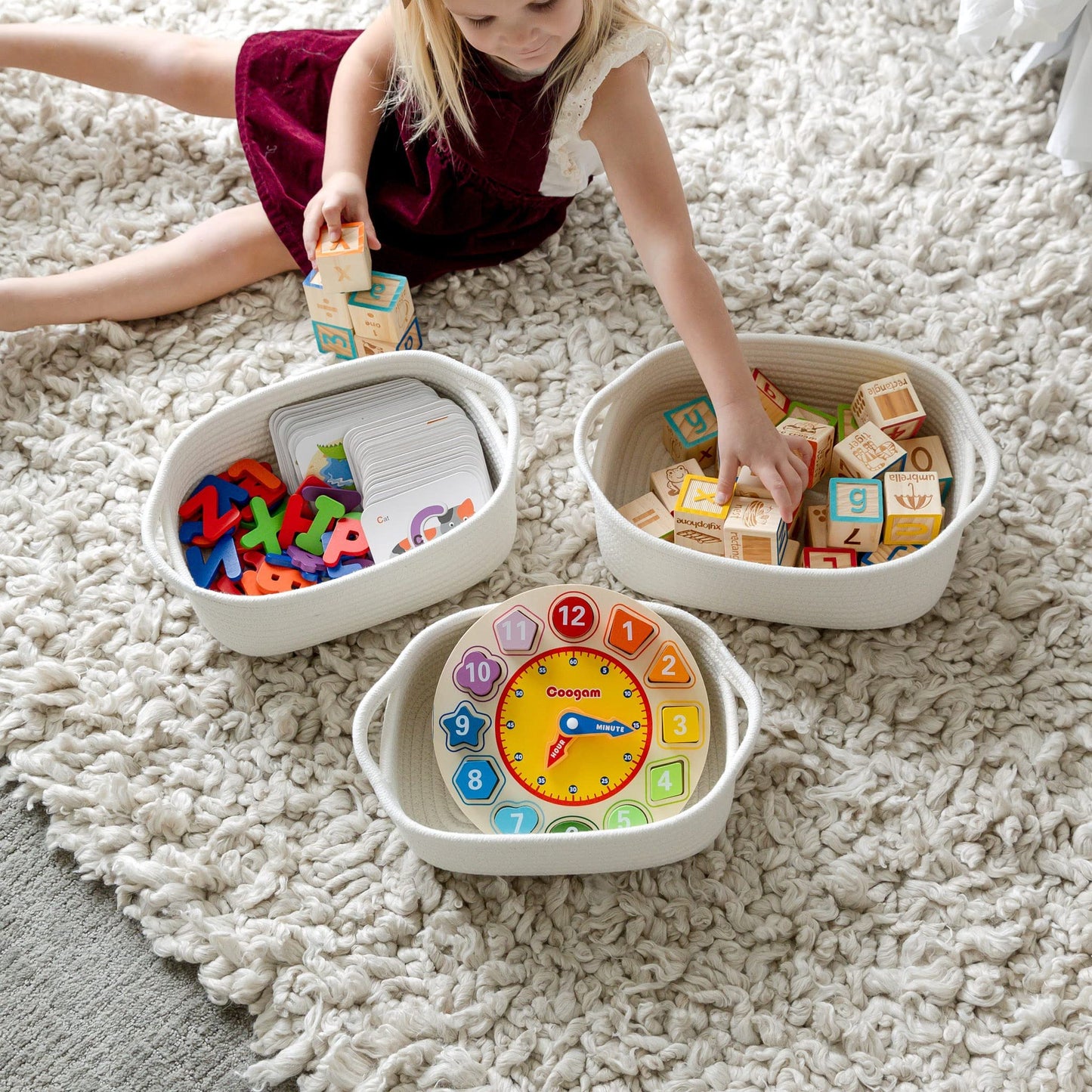 NaturalCozy - Juego de cestas de almacenamiento rectangulares de 5 piezas, canastas tejidas de cuerda de algodón natural para organizar Cesta pequeña para Montessori, guardería de bebé, cestas de juguete para perros, caja de juguetes para gatos, contenedo