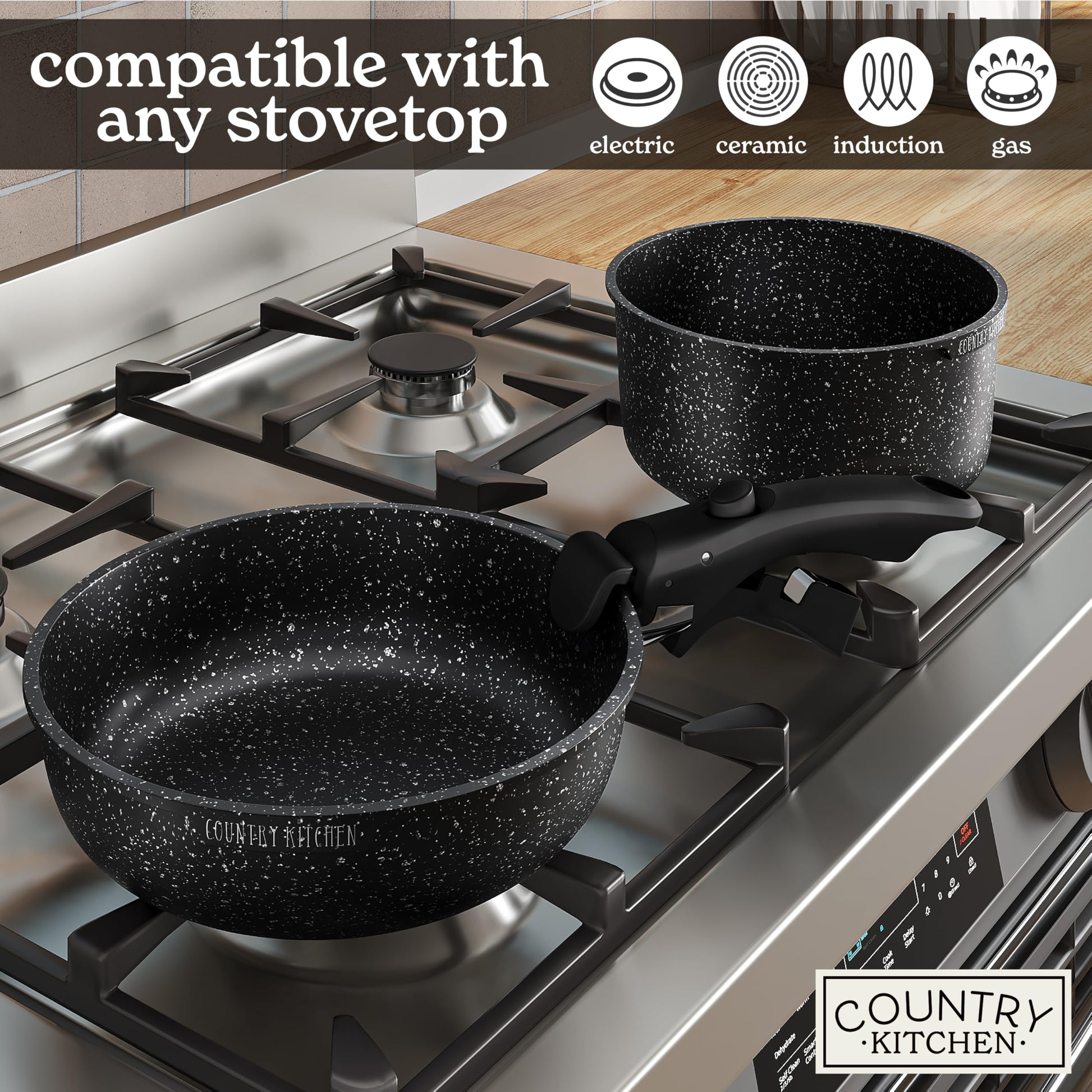 Country Kitchen - Juego de ollas y sartenes de 13 piezas, utensilios de cocina antiadherentes seguros con mango extraíble, juego de utensilios de cocina para RV, apto para horno (negro)