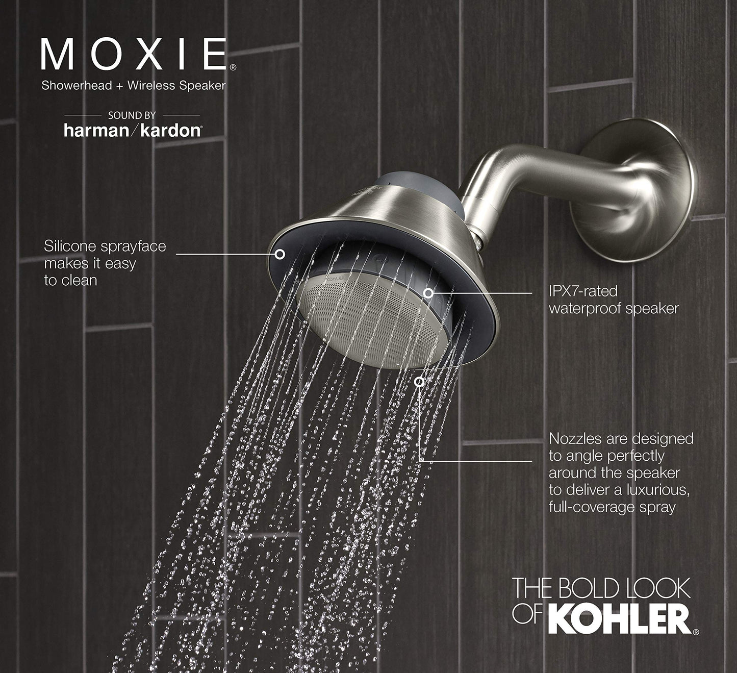 Kohler Moxie - Altavoz inalámbrico Bluetooth impermeable, 1.75 gpm, níquel cepillado