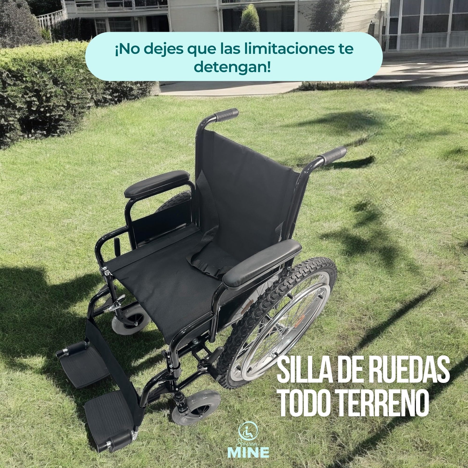 Silla de Ruedas Todo Terreno SEVEN MINE Negra con Neumáticos Traseros de 24 Pulgadas y Llantas Anchas Delanteras 8x2 Pulgadas