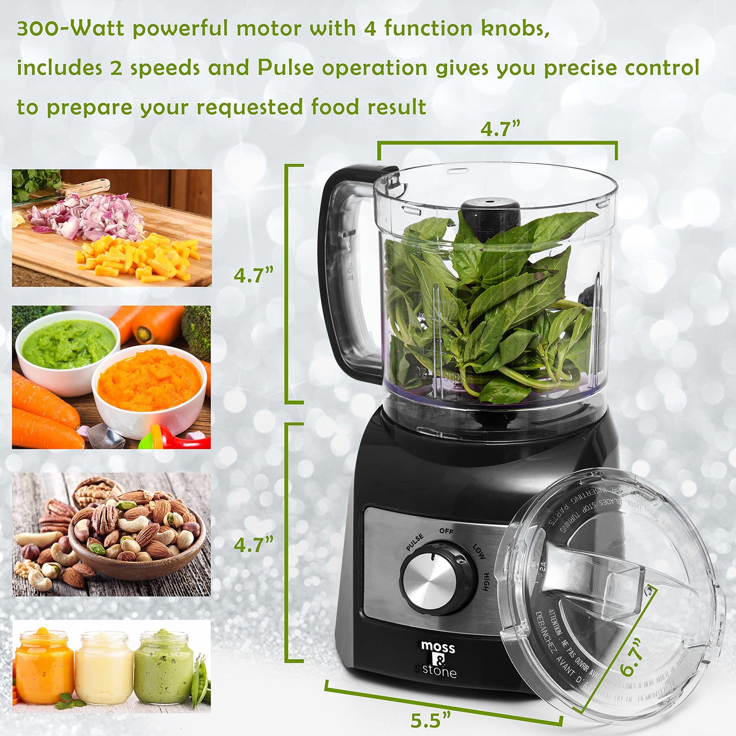 Mini Procesador de Alimentos Moss & Stone Plateado con Picador de Verduras de 300 Vatios y 2 Velocidades