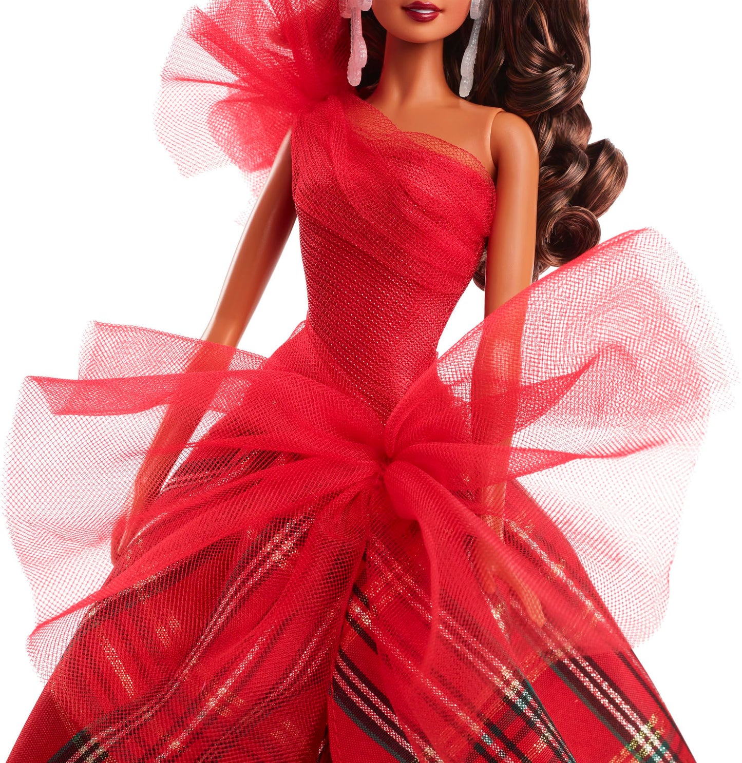 Barbie 2024 - Muñecas día Festivo, Juguete de coleccionista de Temporada, Marca, Vestido a Cuadros con Lazo Rojo, Embalaje visualizable, Cabello castaño Claro
