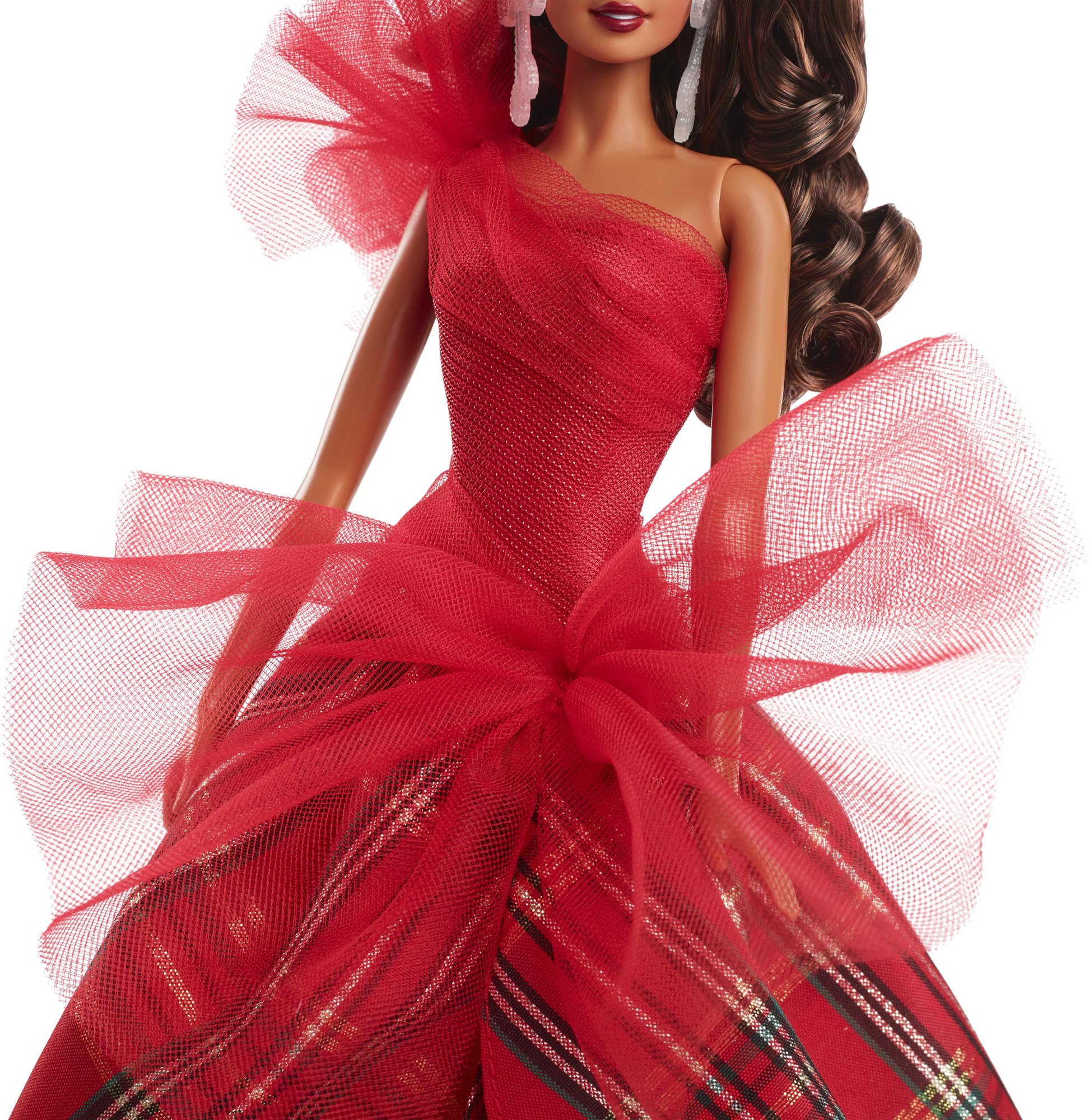 Barbie 2024 - Muñecas día Festivo, Juguete de coleccionista de Temporada, Marca, Vestido a Cuadros con Lazo Rojo, Embalaje visualizable, Cabello castaño Claro