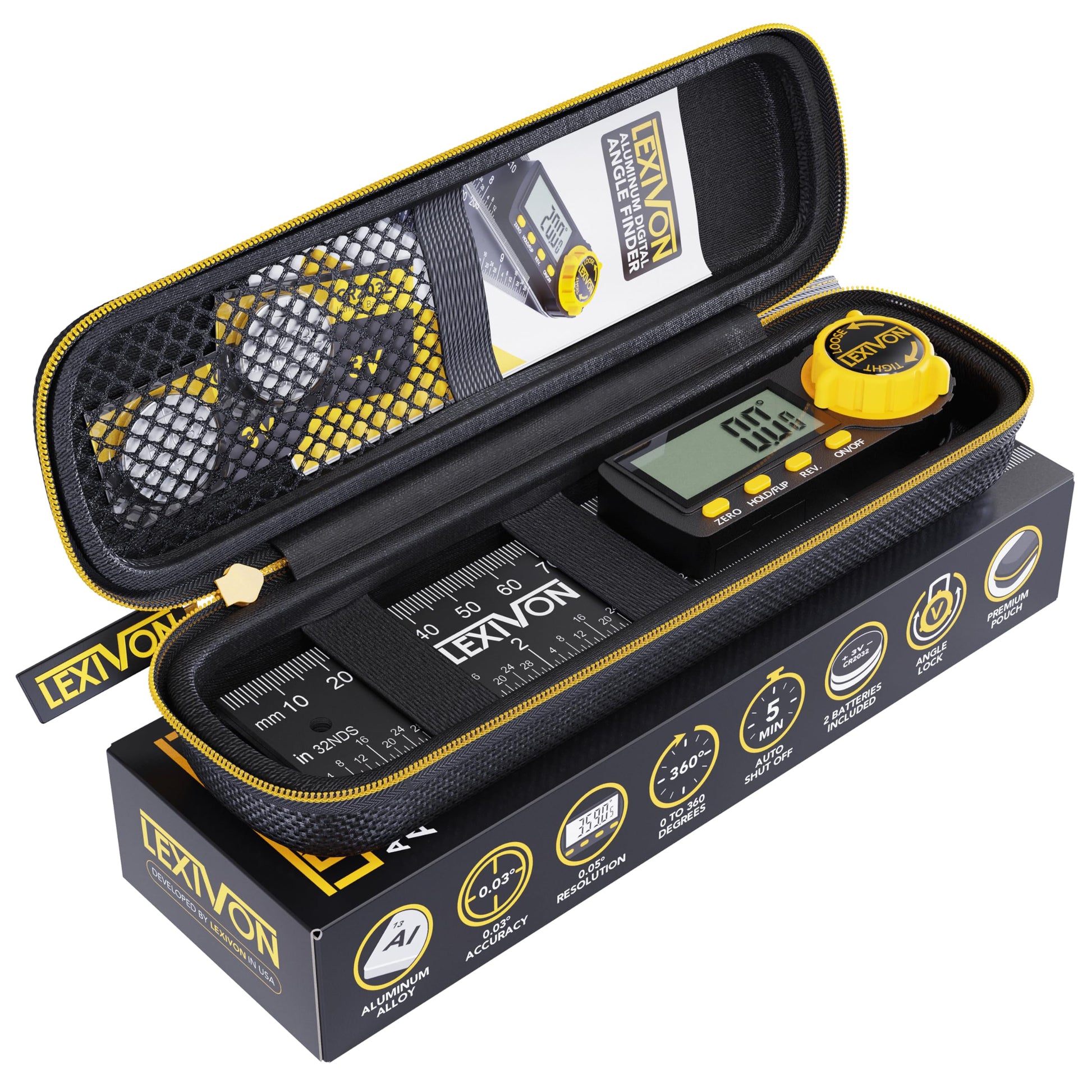 LEXIVON - Indicador digital de ángulo de aluminio, transportador multiusos de 130 mm, incluye visualización XL y bolsa resistente con cierre (LX-DAF5)