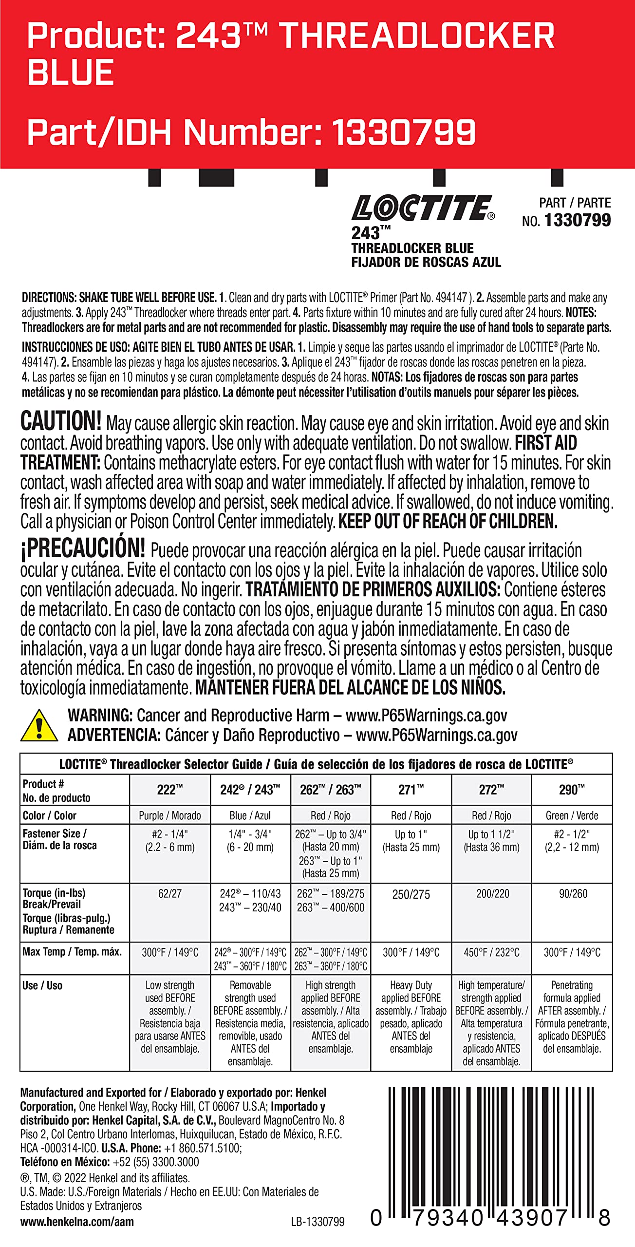 Loctite Threadlocker 243, fijador de roscas de Alta eficacia