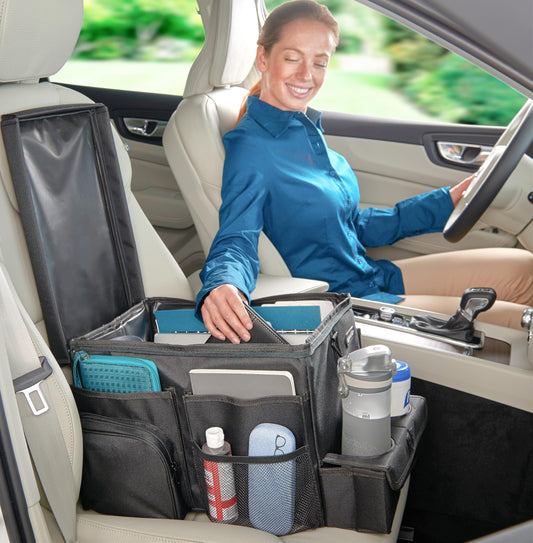 Organizador de Asiento de Coche High Road Grande Negro con Bandeja para Portavasos y Bolsillos Laterales para Niños y Adultos