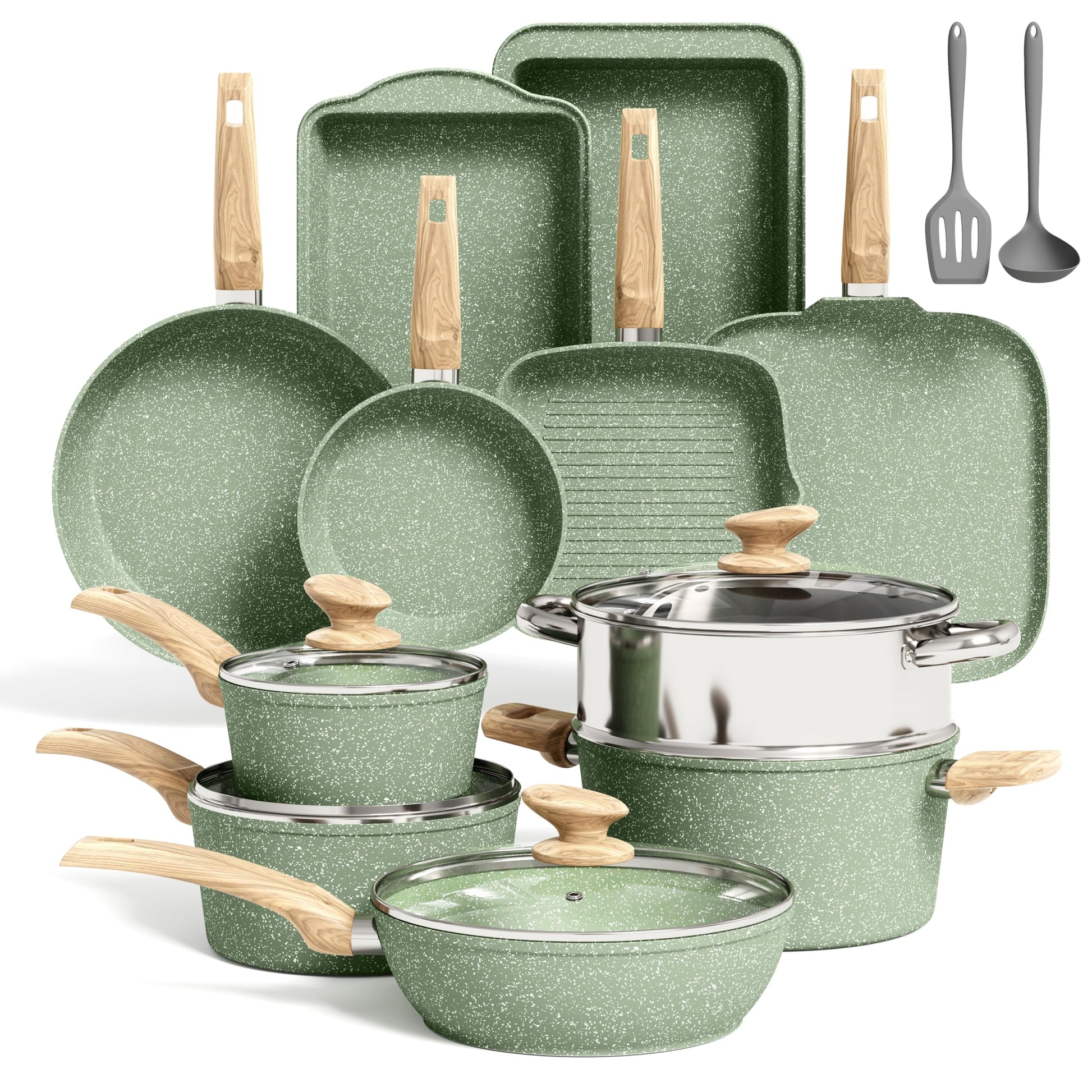 Kitchen Academy - Juego de utensilios de cocina de inducción de 17 piezas, juego de ollas y sartenes de granito verde, juego de sartenes antiadherentes