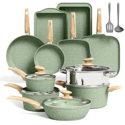 Kitchen Academy - Juego de utensilios de cocina de inducción de 17 piezas, juego de ollas y sartenes de granito verde, juego de sartenes antiadherentes