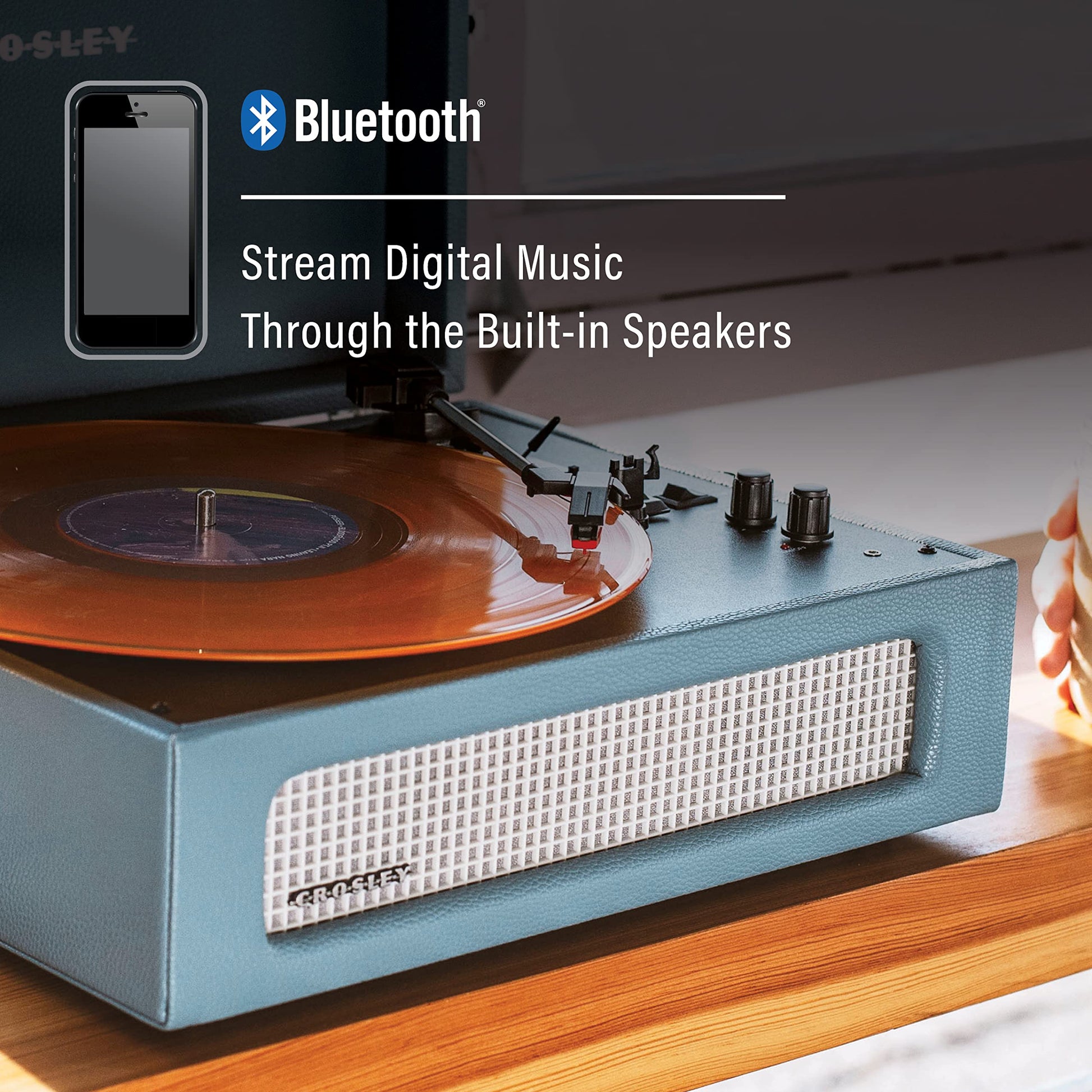 Crosley CR8017B-WB Voyager Vintage Portable Turntable with Bluetooth in/out and Built-in Speakers, Washed Blue