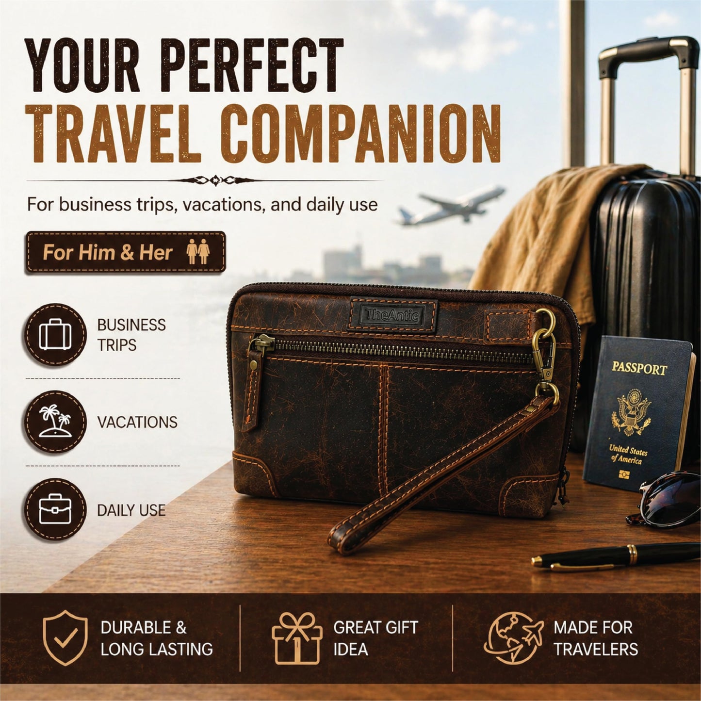 TheAntiq - Bolsa de maquillaje de piel auténtica, organizador de viaje, bolsa de cosméticos hecha a mano, con cierre y correa para la muñeca, Bolsa de maquillaje de viaje café, Estándar