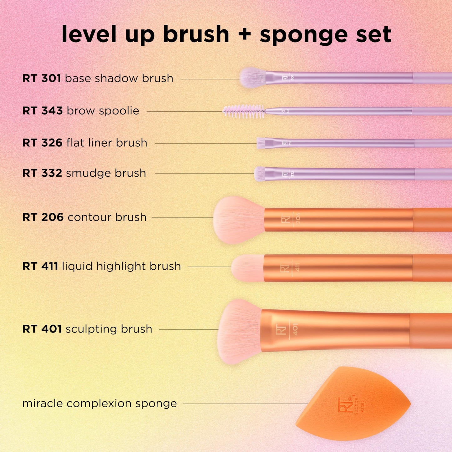 REAL TECHNIQUES, Kit de Brochas de Maquillaje + Esponja, Level Up, 8 Piezas, Calidad Profesional