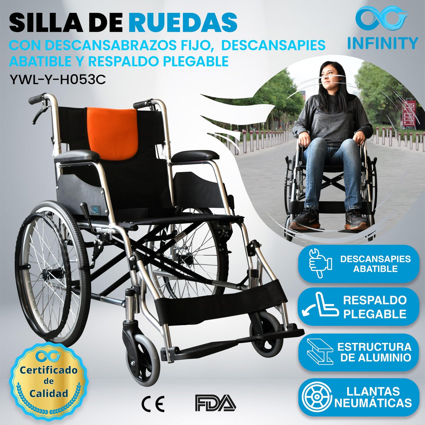 INFINITY | Silla de Ruedas Todo Terreno Ligera de Aluminio con Respaldo Plegable y Doble Sistema de Frenado (Negro-Naranja)