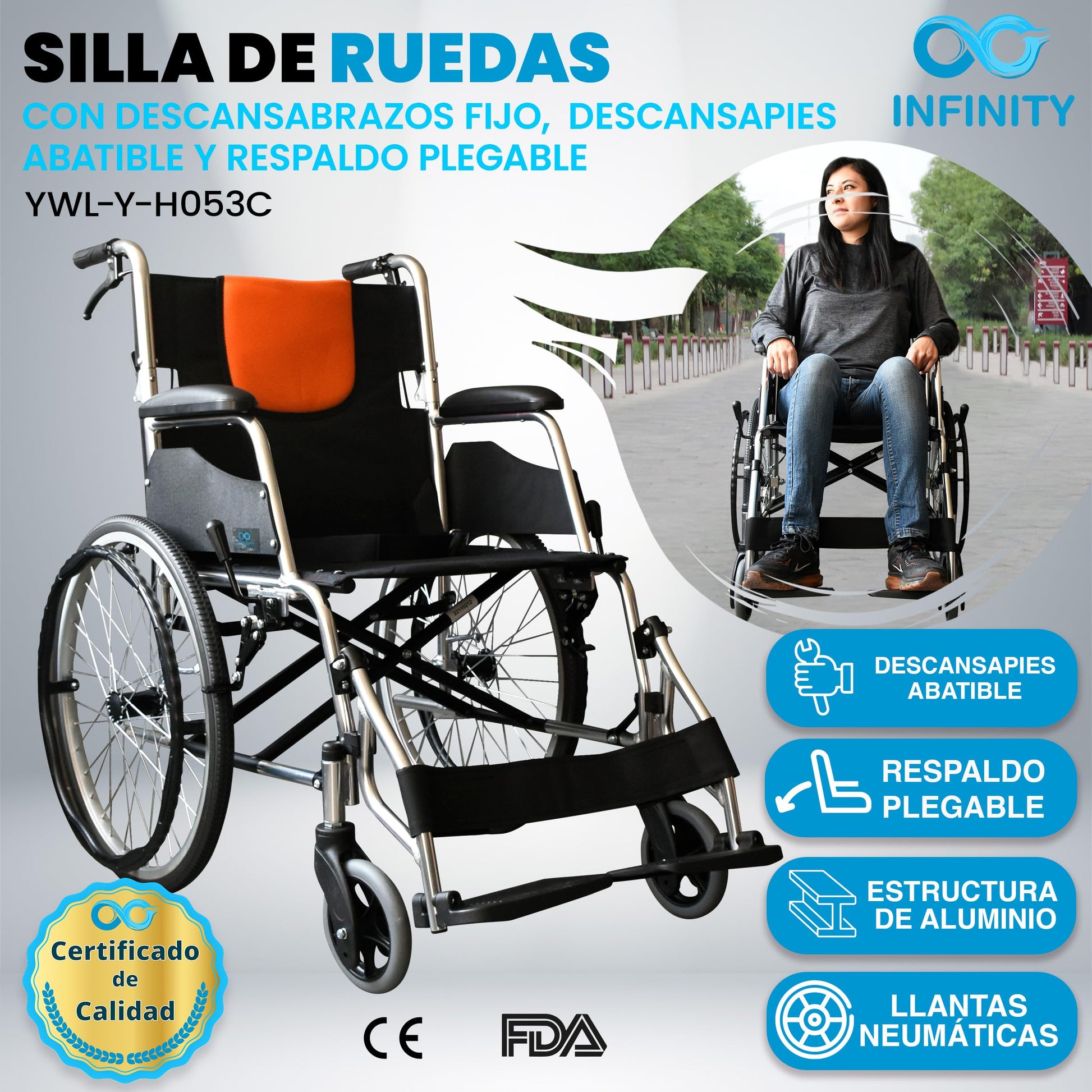 INFINITY | Silla de Ruedas Todo Terreno Ligera de Aluminio con Respaldo Plegable y Doble Sistema de Frenado (Negro-Naranja)