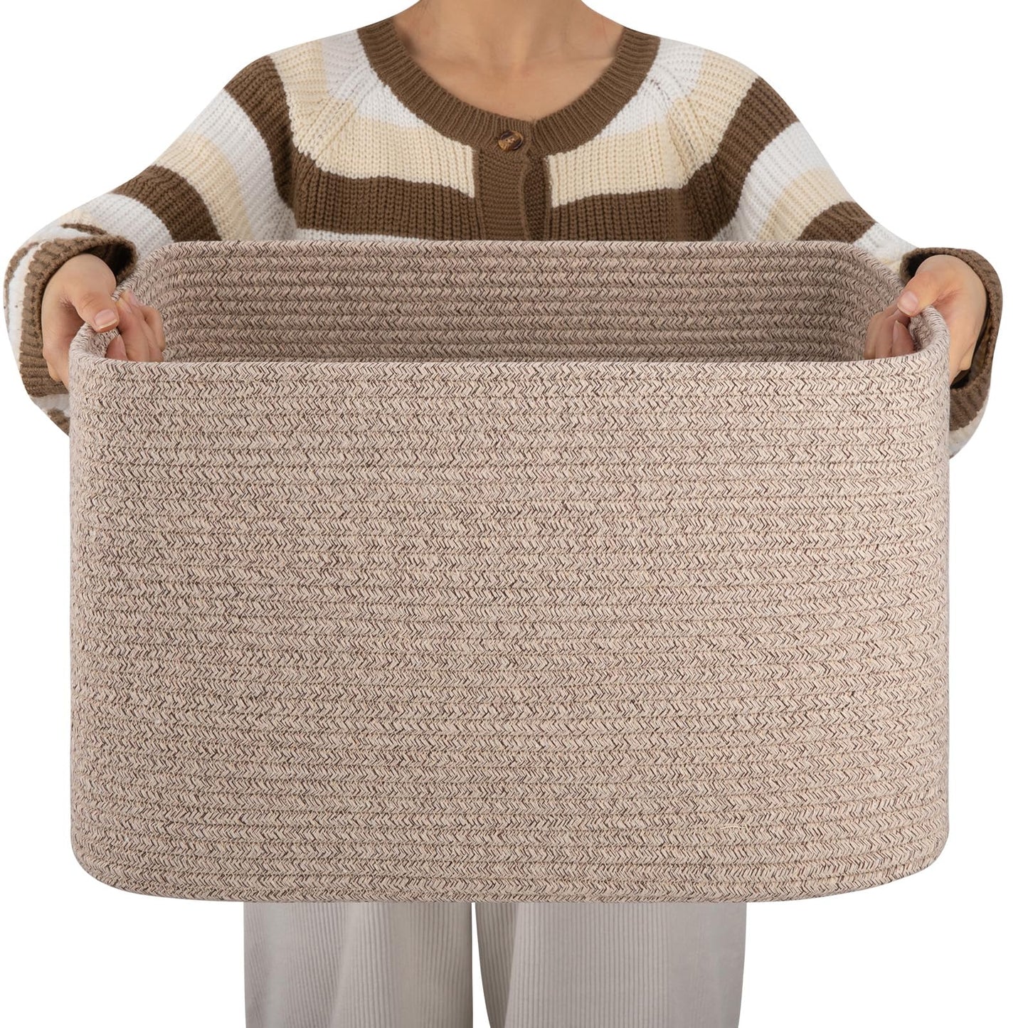 OIAHOMY Cesta de cuerda de algodón rectangular tejida para guardería, cesta de almacenamiento de juguetes con asa, marrón variegado, 45.7 x 35.6 x 30.5 cm