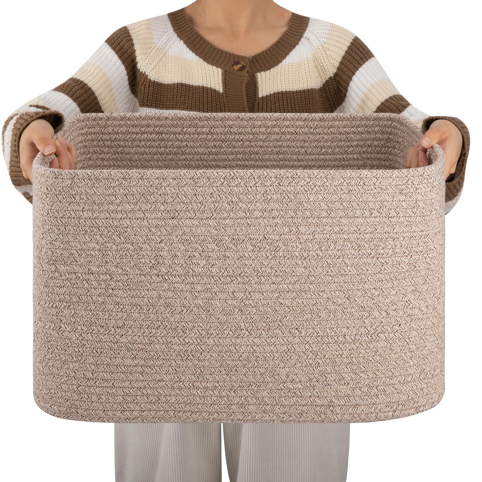 OIAHOMY Cesta de cuerda de algodón rectangular tejida para guardería, cesta de almacenamiento de juguetes con asa, marrón variegado, 45.7 x 35.6 x 30.5 cm