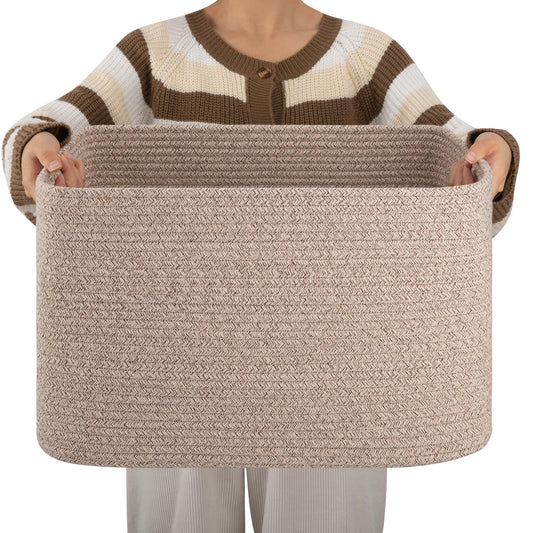 OIAHOMY Cesta de cuerda de algodón rectangular tejida para guardería, cesta de almacenamiento de juguetes con asa, marrón variegado, 45.7 x 35.6 x 30.5 cm