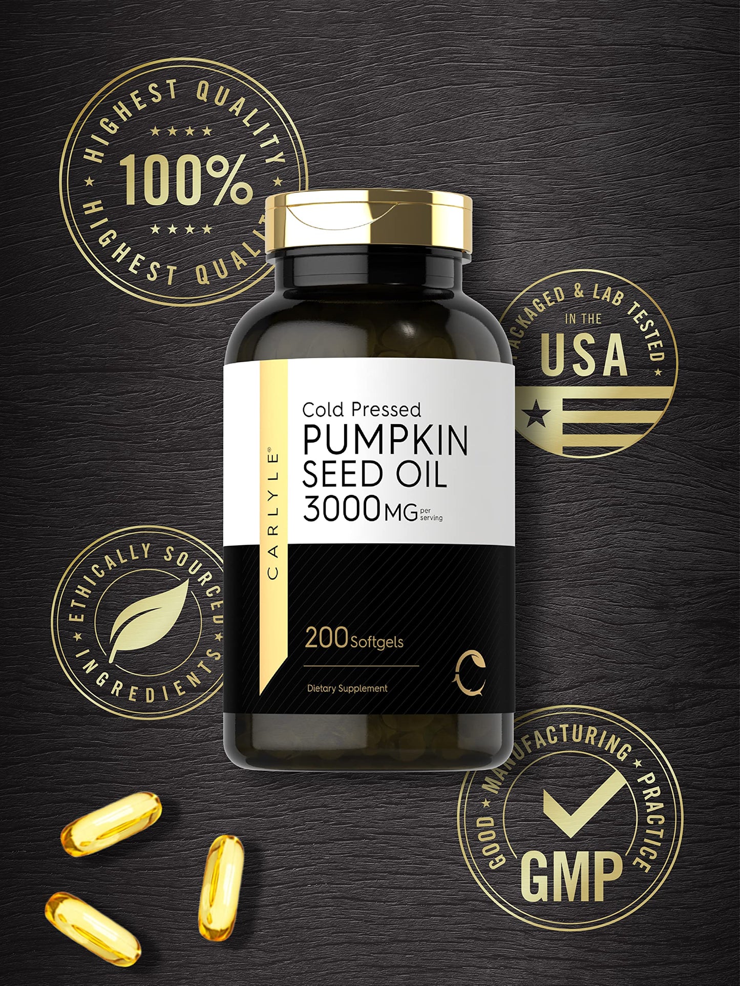 Carlyle Aceite de Semilla de Calabaza 3000mg 200 Cápsulas - Ácidos Grasos - Urinario - Piel - Corazón - Digestión - Hecho en USA