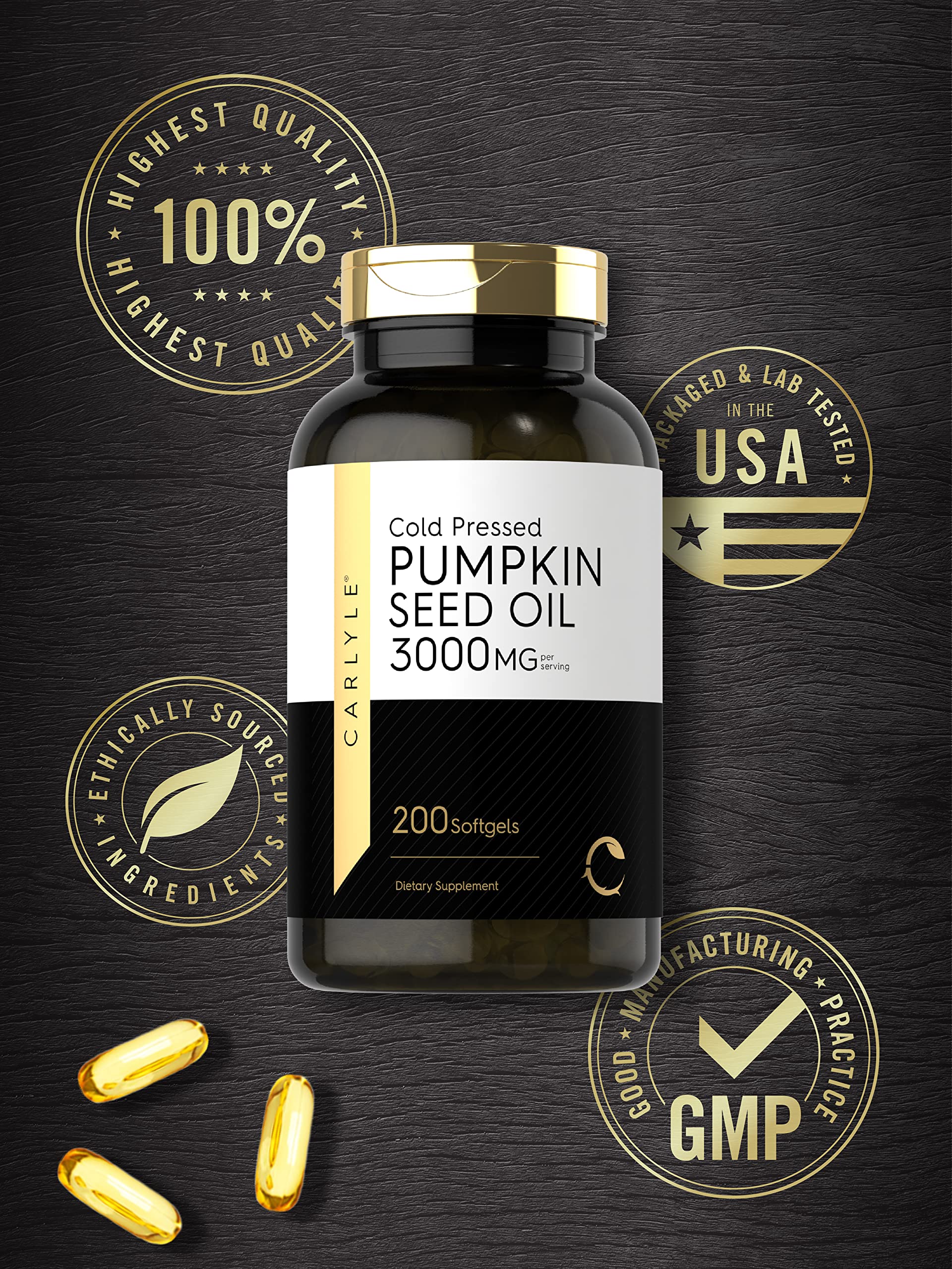 Carlyle Aceite de Semilla de Calabaza 3000mg 200 Cápsulas - Ácidos Grasos - Urinario - Piel - Corazón - Digestión - Hecho en USA