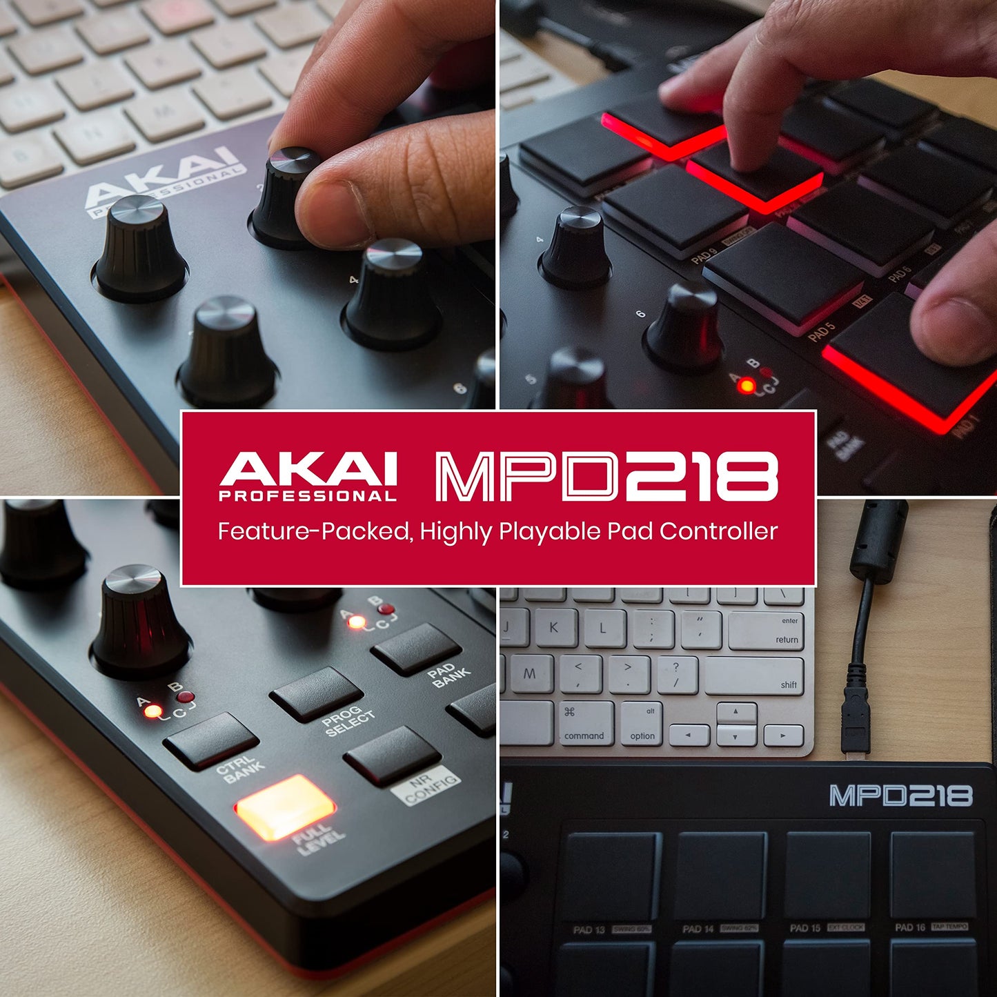 Akai Professional MPD 218 - Controlador MIDI USB con 16 pads MPC y 6 knobs asignables, Note Repeat, Full Level y paquete de software