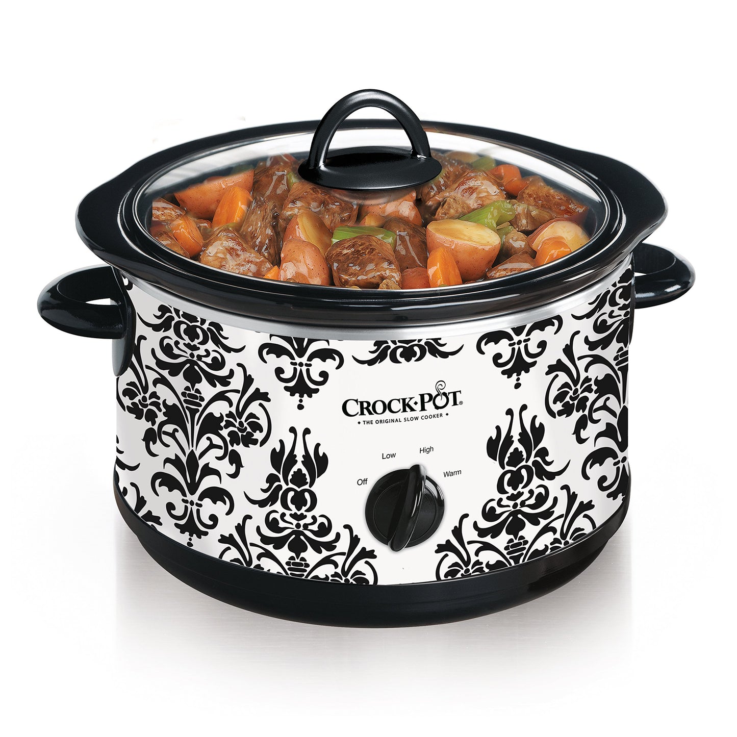 Crock Pot - Olla de cocción lenta manual, patrón de damasco, color blanco