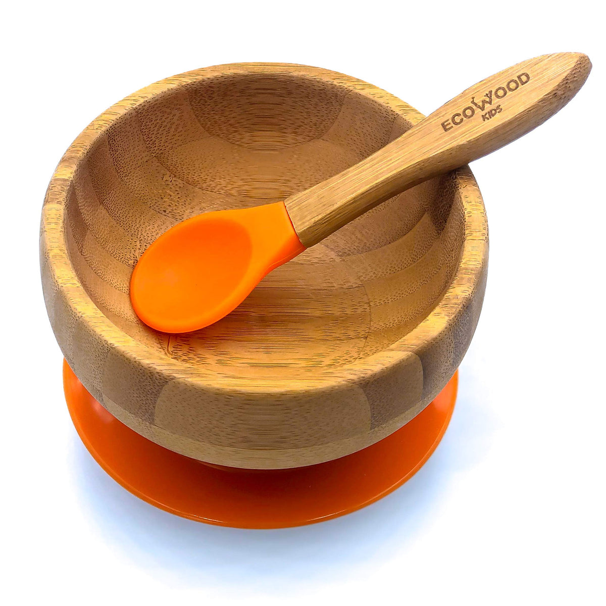 Ecowood® Tazón/Plato Hondo/Bowl de Bambú para Bebe y Niño - Con Base de Silicona Succión Adherente y Antiderrapante (Naranja)