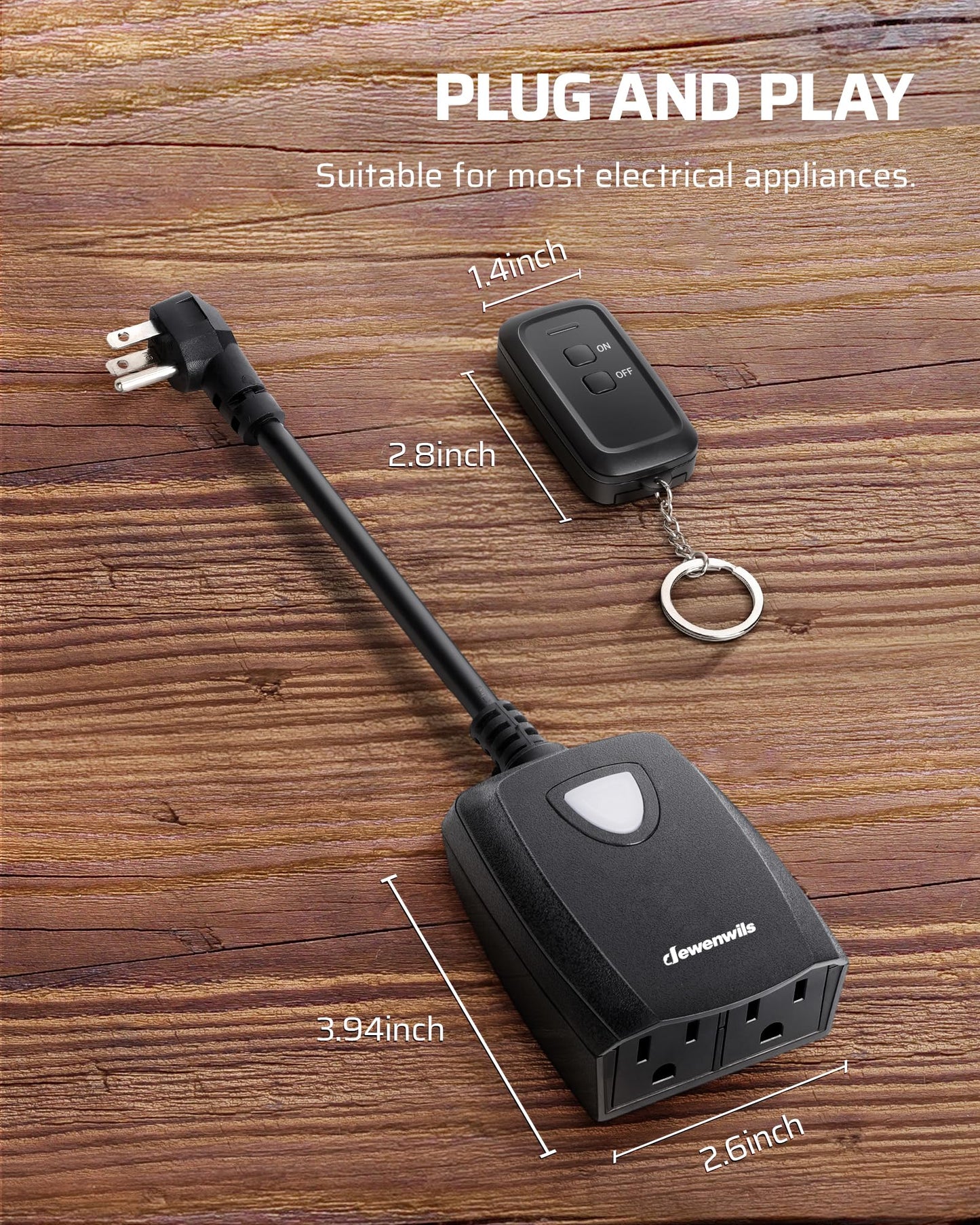 DEWENWILS - Tira de alimentación de control remoto inalámbrico para exteriores, resistente a la intemperie, ampliable para interiores y exteriores, interruptor de luz, 15 A, cable de extensión de 7