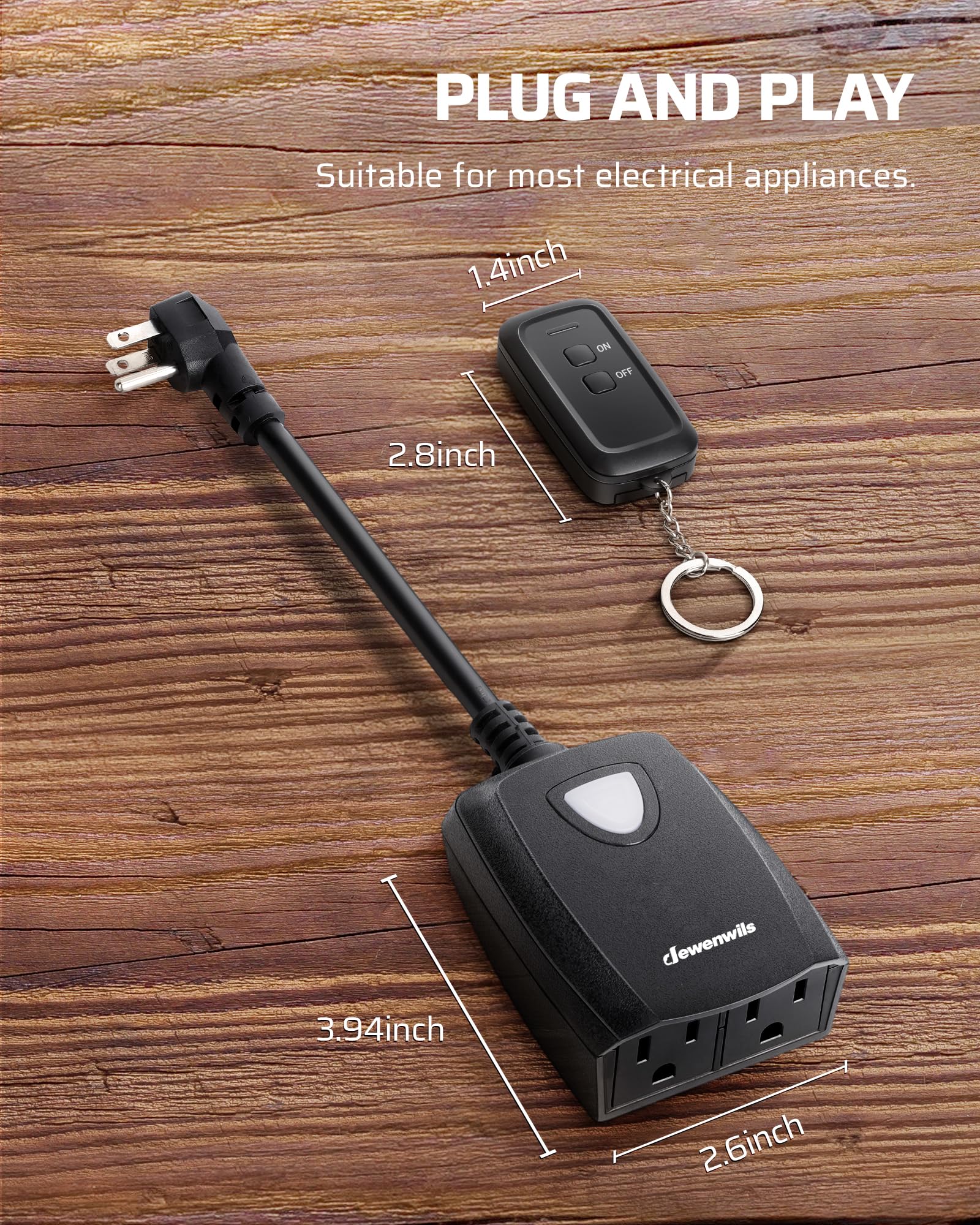 DEWENWILS - Tira de alimentación de control remoto inalámbrico para exteriores, resistente a la intemperie, ampliable para interiores y exteriores, interruptor de luz, 15 A, cable de extensión de 7