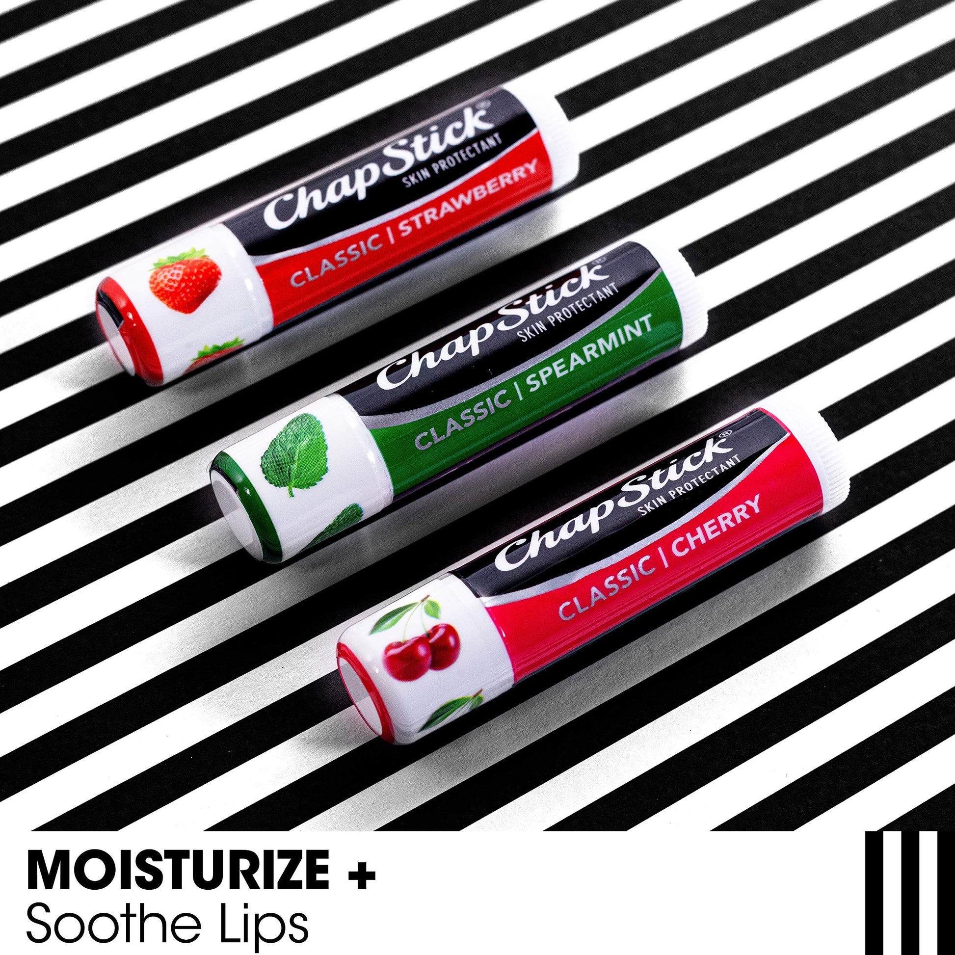 ChapStick Classic (3 Sticks) Cherry, Strawberry & Spearmint Flavor Skin Protectant Flavored Lip Balm Tube, 0.15 Ounce Each