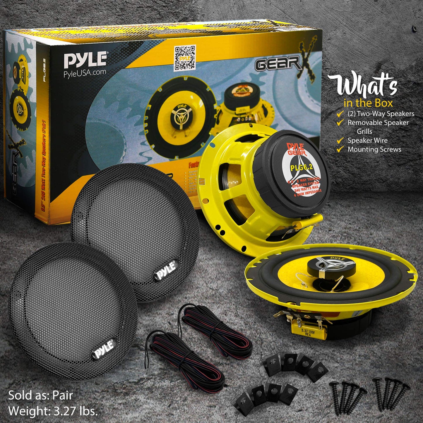 Pyle Sistema de Altavoces de Dos Vías para Auto, 6.5" 240W, 4 Ohm, Medio y Tweeter, Imán de 30 Oz, Profundidad de Montaje 2.25", Para Estéreo de Auto, Par, Amarillo