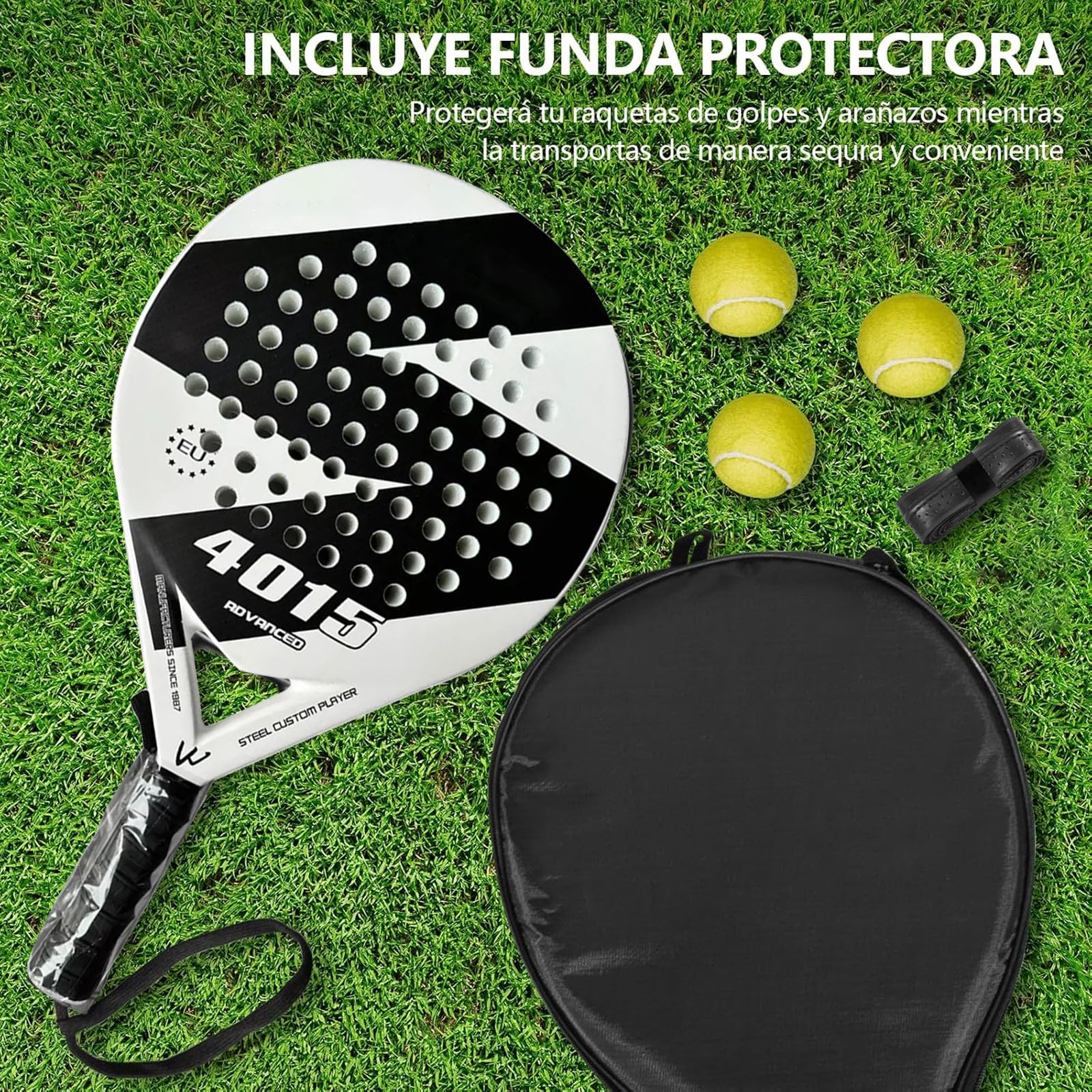 KUEIY Pala de pádel con Funda, con 3 Bolas y Grip, sándwich de Espuma EVA, Fabricada en Fibra de Carbono, Apta para Jugadores Principiantes e intermedios (Blanao)